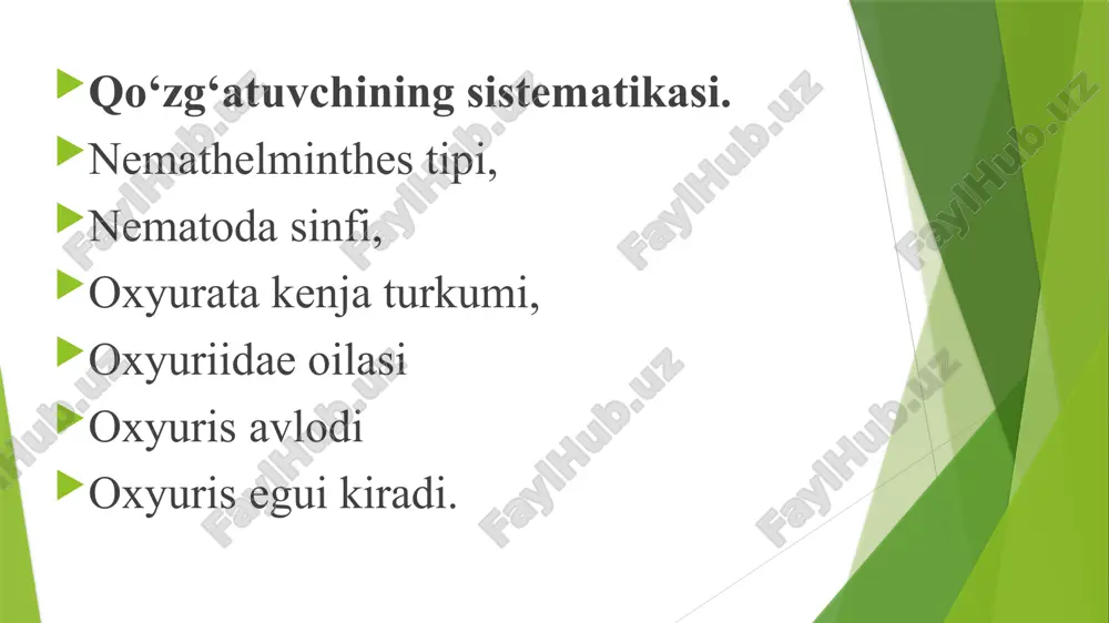 rdamida dezinfeksiyalovchi vositalar bilan ishlovdan o‘tkazib turish zarur, olti haftadan so‘ng esa otxonadagi barcha hayvonlar klinik tekshiruvdan o‘tkaziladi, qirindi olib tekshiriladi. otxonalarda ishlatiladigan asbob-uskunalar, invertarlar, maxsus kiyimlar va boshqalar qaynab turgan suv bilan ishlovdan o‘tkaziladi. bulardan tashqari, tezaklarni biotermik usulda zararsizlantirish hamda hayvonlarni ratsion asosida to‘yimli ozuqalar bilan oziqlantirib borish tavsiya etiladi. image1.png image2.png image3.png image4.png image5.png /docprops/thumbnail.jpeg