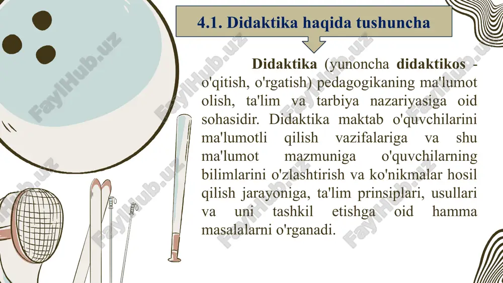 llari. ta'lim jarayonidagi o'qituvchi va o'quvchining birgalikdagi faoliyati bo'lib, u o quvchilarga bilim berish, malaka va ko'nikma hosil qilish, tarbiyalashdagi usullar demakdir 5. ta'limni tashkil etish shakllari. o'qituvchi tomonidan tashkil etilgan, o'qitish faoliyati amalga oshiriladigan mashg'ulotlar bo'lib ular o'quvchilarni birlashtirishni o'ziga hos hususiyatidir. . 4.3. ta'lim jarayonida bilish faoliyatining bosgichlari. o'qituvchi o'quvchi - talabaning bilish faoliyatlarini tashkil qilish maqsadida o'quv ishlarini olib borar ekan ta'lim jarayoni, ya'ni bilim berish orqali 3 maqsadni hal qilishi kerak. bu maqsadlar o'qituvchi va o'quvchilar faoliyatini birlashtiradi. bular quyidagilar: ta'limiy maqsad - o'quv materiallarining mazmunini bilish, ya'ni ushbu fanga tegishli ilmiy bilimlarni o zlashtirish va amaliyotga tadbiq qila olishdir. tarbiyaviy maqsad - fanni o'zlashtirish orqali undagi g'oyalar, dunyoqarashlar ta'sirida o zining shaxsiy sifatlarini shakllantirishdir. rivojlantiruvchi maqsad - ta'lim jarayoni ta'sirida shaxsning bilish gobiliyatini, o'qishga, mehnatga bo'lgan munosabatini rivojlantirishdan iborat. bu maqsadlarni amalga oshirish natijasida o'quvchida mustaqil ishlash iste'dodi paydo bo'ladi, ongda ma'lum o'zgarishlar sodir bo'ladi. …