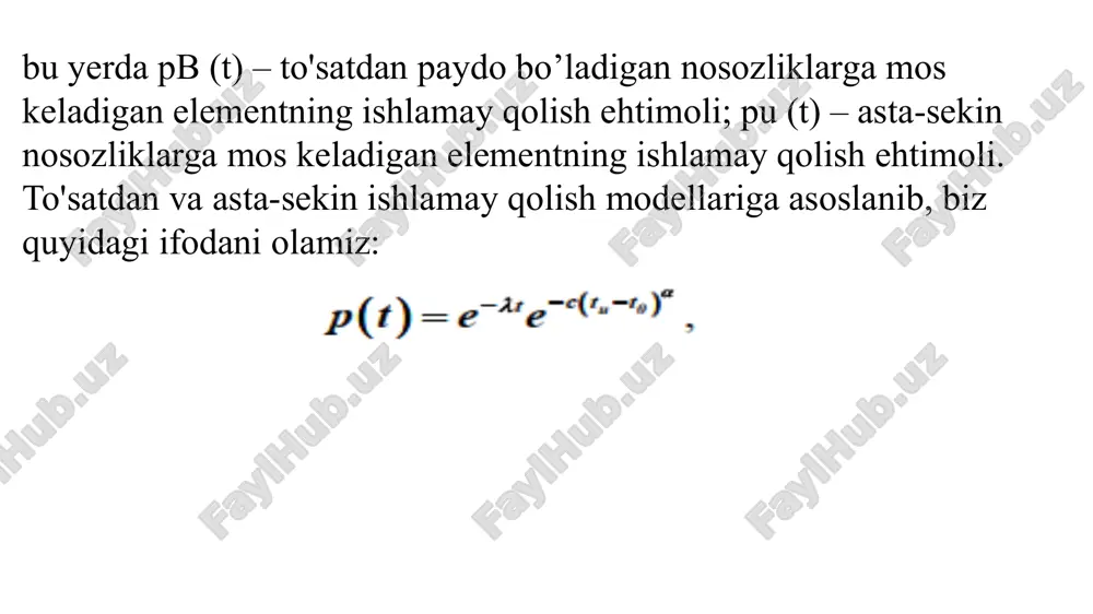 irish. energiya sifatining buzilishi butun ish vaqti davomida ishlamay qolish tezligining oshishiga olib keladi, bu xarakteristikaning yuqoriga parallel uzatilishiga teng (o'qlar bilan ko'rsatilgan). agar etarli statistik ma'lumotlar mavjud bo'lsa, ushbu qaramlikdan foydalanish mumkin. agar ular yo'q bo'lsa, uskunani ishga tushirish jarayoni tugagan va ta'mirlashning normal chastotasi saqlanib qolgan normal ishlash davri uchun λ vaqt o'tishi bilan doimiy deb hisoblash mumkin va taqsimotning indikativ qonunidan foydalanish mumkin. keyin elektr energiyasining sifatini hisobga olgan holda ishlamay qolish darajasi quyidagicha bo'ladi: -past energiya sifatida izolyatsiyaning ishlash muddatini qisqartirishi / 2 – elektr uskunaning past va me’yoriy energiya sifatidagi xizmat muddatlarining nisbati gde τ1 /τ2 – otnoshenie sroka slujbi oborudovaniya pri nalichii iskajeniy ke k sroku slujbi pri ix otsutstvii; δτ - sokrashenie sroka slujbi izolyatsii pri nizkom ke. obichno polagayut, chto srok slujbi izolyatsii pri teplovom starenii obratno proportsionalen skorosti ximicheskix reaktsiy. togda, ispolzuya uravnenie arreniusa, mojno poluchit sleduyushee virajenie dlya otnosheniya srokov …