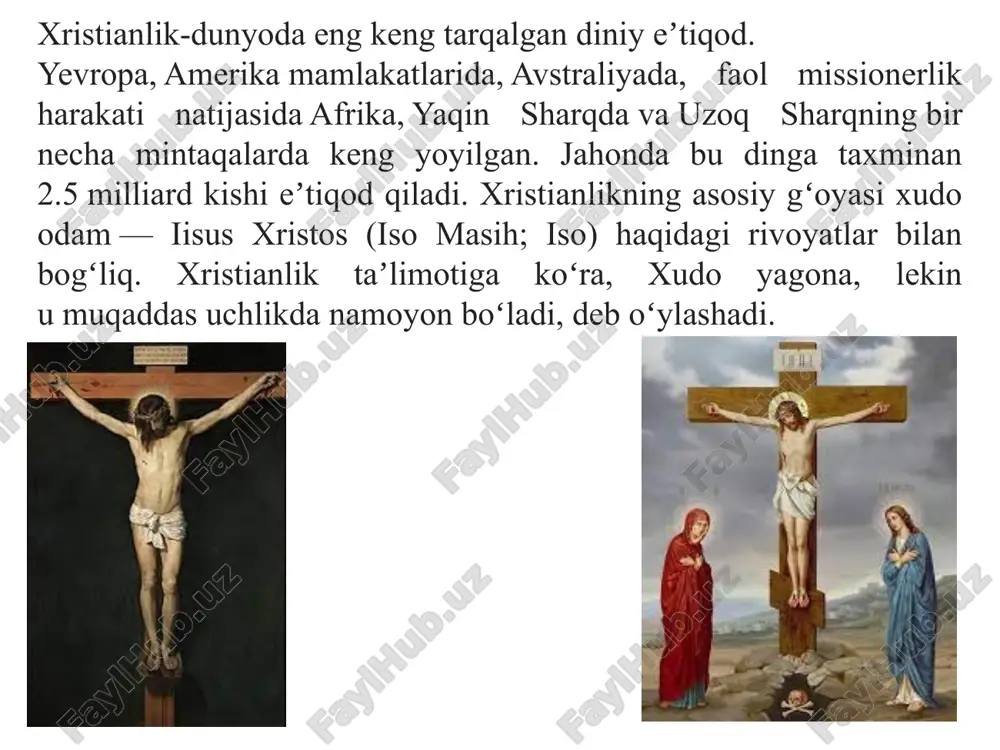 i. yangi eraning boshlanishi ham iso masihning dunyoga kelishi bilan bog’liq. 9 eramizning boshlarida yahudiylar hokimyatning uch tabaqasi bilan bog’liq og’ir tushkunlikni boshdan kechirar edilar. bir tomondan rim imperatori va uning joylardagi noiblari, ikkinchi tomondan falastin podshohi irod antipa, uchunchi tomondan esa ruhoniylar xalqni turli soliqlar va majburyatlar bilan ko’mib tashlagan edilar. xuddi shu davrda yahudiylar o’rtasida kutilayotgan xaloskorning kelishi yaqinlashib qolganligi haqida xabar tarqatuvchilar paydo bo’ldi. ular xalqni kutilayotgan xaloskor kelishiga tayyorlash uchun chiqqan edilar. shunda iso masih yahudiylikni isloh qilish va uni turli hurofatlardan tozalash g’oyasi bilan chiqib, xristian diniga asos soldi. yaxudiylar uni va uning izdoshlarini falastindan quvg’in qildilar. isoni 33 yoshida fitnachilikda ayblab qatl qilishga hukm qildilar. 10 isoning xochga osilishi 11 xristianlik ta’limotining tarqalishi. manbalar xabar berishicha, xristianlik yaxudiy muhitida yuzaga kelgan. bu esa xristianlikning yaxudiylikdan ko‘p jihatdan ta’sirlanishiga sabab bo‘ldi. xristianlikning asosiy g‘oyasi – isoning odamzodning xaloskori “messiya” ekanligi yaxudiylikda mavjud bo‘lib, oxiratga yaqin …