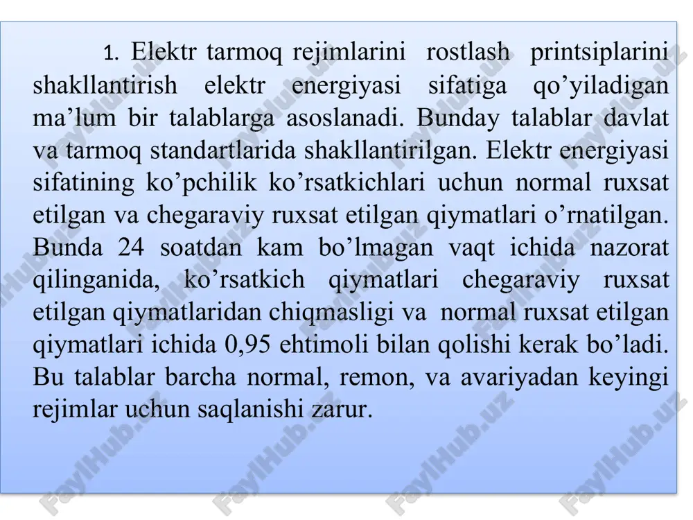 ng tasodifan turlicha ulanib qolishi (ehtimollik simmetriya) bilan yuzaga kelishi mumkin. natijada har xil fazalarda turlicha yuklama bo’lib, ularda kuchlanishlar pasayishi turlicha bo’ladi, buning oqibatida tarmoq uzellarida fazalardagi kuchlanishlar bir birdan farq qiladi. yirik bir fazali iste’molchilari bo’lgan tarmoqlarda, masalan kommunal maishiy iste’molchilarda, nosimmetriya katta bo’ladi. yana kuchlanish sifatini baholovchi ko’rsatkichlar sifatida kuchlanishning sinishi olinadi. bu kuchlanishning 0,9unom darajasidan keskin pasayib ketishi va ma’lum vaqt ichida yana tiklanishi. kuchlanish qiymatining bunday keskin o’zgarishiga elektr tarmoqdagi o’zgarishlar sabab bo’ladi. eng birinchi sabab tarmoqdagi qisqa tutashuvlar bo’ladi. elektr tarmoqdagi muddatli qisqa tutashuvlarga yo’l qo’yilmaydi, chunki bunda kuchlanish keskin pasayib, tok keskin oshib ketadi, bu esa iste’molchilar uchun katta xavf tug’diradi, ularning faoliyati izdan chiqadi. shu sababli kuchlanish provalida kuchlanish pasayisining davomiyligi katta rol o’ynaydi. 6.4-rasm. kuchlanishning 0,9unom darajasidan keskin pasayib ketishi va tiklanishi. kuchlanishning sifati yana kuchlanish impulsi kattaligi bilan ham xarakterlanadi, kuchlanish impulsi atmosferaviy va kommutatsiyaviy o’takuchlanishlar bilan xarakterlanadi. bundan tashqari …