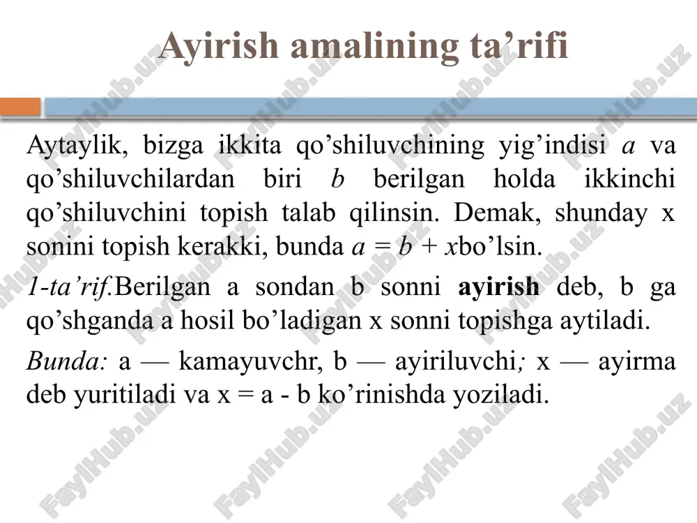 ilgan ko’paytmani ifodalovchi son — bo’linuvchi, berilgan ko’paytuvchi — bo’luvchi, izlanayotgan ko’paytuvchi — bo’linma deyiladi. bo’lish amali bir qiymatlidir. masalan, a) 9:3=3; b) 21:7=3; d) 111:3=37. misol. 12 ta gilosni har biriga 3 tadan nechta bolaga tarqatishdi. masala savoliga javob bo`lish amali orqali topiladi 12:3=4. masalani tahlil qilaylik: 12 ta elementga ega to`plam 3 ta elementga ega bo`lgan teng quvvatli qism to`plamlarga ajratilgan. shuning bilan ular juft-jufti bilan kesishmaydi. masalada nechta shunday qism to`plam borligi so`ralayapti. javobdagi 4 soni 12 elementli to`plamning 3 elementli qism to`plamlar sonini bildiradi. boshqacharoq masalani qaraylik. 12 ta gilosni 4 ta bolaga teng bo`lib berishdi. har bir bolaga nechtadan gilos berishdi? bu masala ham bo`lish amali bilan yechiladi: 12:4=3 (gilos). bu yerda 3 soni boshqa ma’noda – 12 elementdan iborat to`plam berilgan teng quvvatli kesishmaydgan har bir to`rtta qism to`plamdagi elementlar sonini bildiradi. bo`lish amalining to`g`ri bajarilganini tekshirish uchun ko`paytirish amaliga murojaat qilinadi, chunki bo`lish …