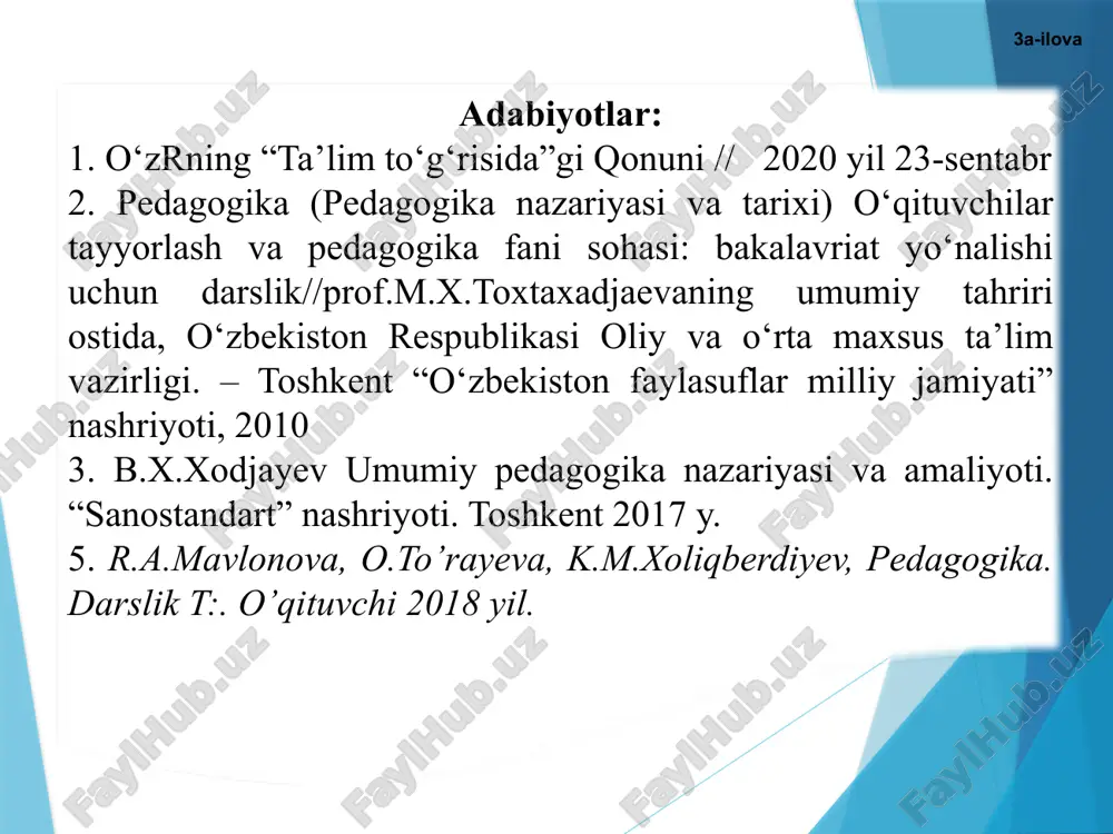 alarni bajarish, mas’uliyatni chuqur his etishlari bilan yosh avlodga ta’sir ko‘rsatish usuli ma’ruza – hayotiy misollar, badiiy asarlar g‘oyalari asosida axloqiy mavzularda og‘zaki bayon qilish shakli ishontirish – o‘quvchilarni muayyan voqea-hodisalar, jarayonlar, xatti-harakat hamda faoliyatning to‘g‘riligiga ishontirishga qaratilgan fikrlarning og‘zaki bayoni nasihat - o‘quvchilarni ezgulikka, atrofdagilarga yaxshilik qilishga da’vat etuvchi og‘zaki bayon usuli yo‘riqnoma – o‘quvchilarni ijtimoiy-axloqiy meyorlar bilan tanishtirish maqsadida tayyorlangan hujjat 9v-ilova munozara – tarbiyalanuvchilarga hissiy-og‘zaki ta’sir ko‘rsatish asosida ularda ma’naviy-axloqiy sifatlarni shakllantirishga yo‘naltirilgan bahs-munozara usuli bo‘lib, siyosiy, iqtisodiy, madaniy, estetik va huquqiy mavzular (“did haqida bahs”, “mashhur bo‘lish yo‘llari”, “biz madaniyatli kishilarmizmi?”, h.o)da o‘tkaziladi. munozara fikrlar to‘qnashgan vaziyatda o‘quvchilarda ma’lum hodisaga nisbatan ishonch hosil qilishga yordam beradi. 10-ilova o‘z-o‘zini tarbiyalash metodlari o‘z-o‘zini nazorat (tahlil) qilish o‘z-o‘zini baholash o‘z-o‘zini boshqarish o‘rgatish mashq va o‘rgatish (faoliyatda mashqlantirish) metodlari topshiriq berish pedagogik talab musobaqa jamoatchilik fikri tarbiyalovchi vaziyat 11-ilova o‘rgatish – tarbiyalanuvchilar ijtimoiy xulq-atvor ko‘nikmalari, odatlarini shakllantirish maqsadida rejali va …