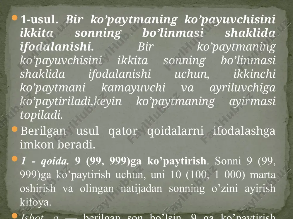 2 = 26 : 2 = 13; c) 256 : 16 = (256 : 2): 8 = (128 : 2 ): 4 = (64: 2): 2 = 32:2 = 16. 14 - qoida. 5 (50, 500) ga bo’lish. sonni 5ga bo’lish uchun, uni 2 ga ko’paytirib va natijani 10 (100, 1000) ga bo’lish kifoya. image3.emf image4.emf image5.emf image6.emf image7.emf image8.emf image9.emf image10.emf image11.emf image12.emf image13.emf image14.png image15.emf image16.emf image17.emf image18.emf image19.emf image20.emf image21.emf image22.emf image23.emf misol. a) 87 ∙ 9 = 87 ∙ 10 - 87 = 870 - 87 = 783; b) 469 ∙ 99 = 469 ∙ 100 - 469 = 46 900 – 469=46431; c) 3 726 ∙ 999 = 3 726 ∙ 1 000 - 3 726 = 3 726 000 - 3 726 = 3 722 274. 10 𝑛 -1(n≥ 4) ga ko’paytirish qoidalarini huddi shunday ifodalash va isbotlash mumkin. 9, 99 va 999 ga …