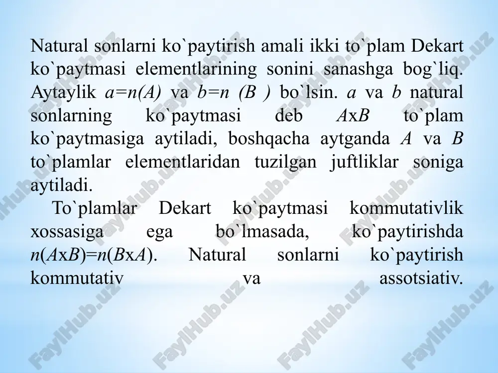 ning b soniga ko’paytmasi deb, har biri a ga teng bo’lgan b ta qo’shiluvchining yig’indisiga aytiladi. ab = bundan a∙1= a vaa∙0 = 0 ekanligi kelib chiqadi. bu ta’rif a = n(a), b = n(b), a∧b =∅bo’lgana×b dekart ko’paytma elementlarini sanash malum bir qonuniyatga asoslanishiga bog’liq. misol. a = {a; b; c}, b = {x; y; z; t}. a×b dekart ko’paytmani quyidagi jadval ko’rinishida yozamiz: dekart ko’paytma elementlarini ustunlar bo’yicha sanasak, 3×4 = 3 + 3 + 3 + 3=12 ga ega bo’lamiz. (a; x) (a;y) (a; z) (a; t) (b; x) (b; y) (b ; z) (b; t) (c; x) (c;y) (c; z) (c; t) 1. ko’paytirishning kommutativlik va assotsiativlik qonunlaridan foydalangan holda 4•4•4•25•5 ifodaning qiymatini qulay usul bilan hisoblang. 2. 569•371 + 170•569 + 569•459 = 569•371 + 569•170 + 569•459 = 569•(371 + 170 + 459) = 569•[(371 + 459) + 170] = 569 • (830 + …
