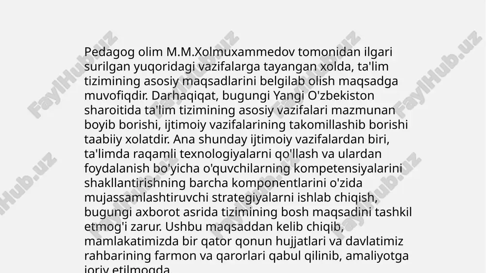 siy yo'nalishlari belgilab berildi. mamlakatimizning yangi taraqqiyoti davrida axborot-kommunikatsiya texnologiyalarini qo'llash orqali ta'limni boshqarishni avtomatlashtirish, elektron resurslar va masofaviy ta'limni yanada rivojlantirish, ta'lim oluvchilar o'rtasida it-sohasidagi kasblarni ommalashtirishga davlatimiz rahbari tomonidan alohida e'tibor qaratilayotganligi, ta'lim tizimida ham raqamli texnologiyalarning o'rni va ahamiyati qanchalik yuqori ekanligini ko'rsatib bermoqda. bugungi globallashuv jarayoni kechayotgan davrda, kundalik hayotimizni axborot-komunikatsion texnologiyalari, kompyuterlar va internetsiz tasavvur qilish mushkuldir. shuning uchun ham bugungi kunda raqamli texnologiyalar asta sekin kundalik hayotimizning barcha sohalariga kirib, ijtimoiy hayotning ajralmas bir qismiga aylanib bormoqda. aynan, ana shu muhim jihatni hisobga olgan xolda mamlkatimizda 10 dan ortiq texnika va raqamli texnologiyalar yo'nalishidagi mutaxassislar tayyorlaydigan oliy o'quv yurtlari faoliyatini yo'lga qo'yilganligi ham raqamli texnologiyalarning nafaqat iqtisodiyot, siyosat kabi sohalarda balki, ta'lim tizimida ham katta ahamiyatga ega ekanligidan dalolatdir. ta'lim tizimida raqamli texnologiyalardan foydalanishning ommalashuvini asosiy sababi sifatida nafaqat pedagoglar uchun, balki, o'quvchilar uchun ham qulay bo'lgan tomonlarining mavjudligini ko'rsatishimiz mumkin. masalan, o'quvchilar o'zlari …