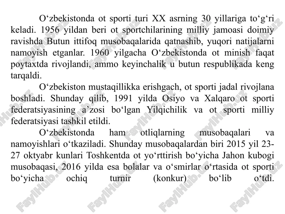 b yurish. yuqori darajada salt minib yurish, otni foydali va juda chiroyli harakatlanishini namoyish etadi. oliy darajadagi yurishning harakatlari quyidagilar: tisarilish – ot to‘g‘ri chiziq bo‘ylab tisariladi. yonbosh harakatlanish – ot oyog‘i chapga, o‘nga, ko‘ndlangiga va diagonal bo‘ylab tashlanishi kerak. galop chopishida oyoqlarning almashtirib tashlanishini – bu harakatlanish usuli juda qiyin hisoblanadi. yarim piruet va piruet – odimlab yurish yoki galop chopish vaqtida otning orqa oyoqlari joyidan qo‘zg‘almasdan tanasining oldingi qismi aylana yasab 180 – 360 gradusga tekis buriladi. passaj – ritmik ravishda kalta yo‘rtish, ya’ni otning odimi kalta, lekin baland bo‘ladi, bunda ot tanasi yerdan biroz ko‘tarilib, oyoqlari yig‘ilgan holda bo‘ladi. piaffe– otning joyida turib yo‘rtish harakatlarini bajarishi, bunda yerdan ko‘tarilish holati bo‘lmaydi uzoq masofaga chopish – otning pishiqligi va chopish tezligini sinab ko‘rish maqsadida o‘tkaziladi. masofa 7 km dan 100 km gacha bo‘lib, bu musobaqaga sog‘lom, mahsus tayyorlangan har xil zotli otlar qatnashishi mumkin. yarim piruet va piruet …