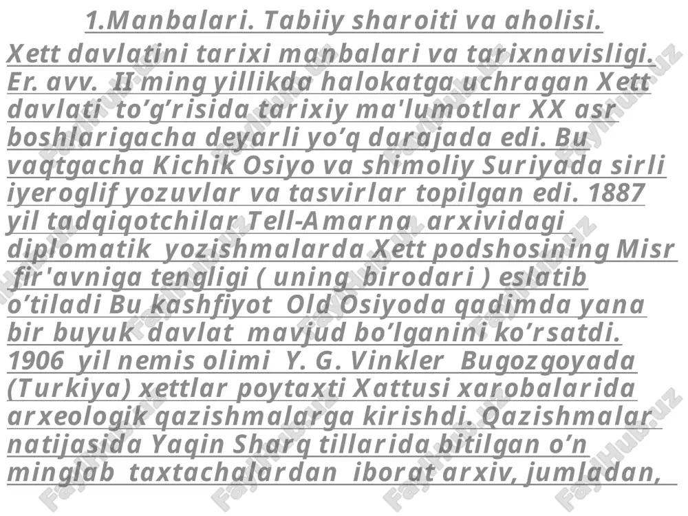 jixatidan farq qilganlar. keyingi tekshirishlarning,jumladan b. grozniy asarlarining ko’rsatishicha, nesiylar tili xind-evropa gruppasidagi xalqlar tiliga juda yaqin bo'lgan. so’nggi xett (nesiy) tilidagi bir qator so’zlarni grek, lotin, qadimgi xind va qadimgi slavyan tillaridagi ayni ma’noli so’zlar bilan solishtirsa bo’ladi. 2.qadimgi xett podsholigi. sinfiy jamiyatning vujudga kelishi. er. avv. xx-xviii asrlarda kichik osiyoda ashshurlik savdogarlar bir necha savdo koloniyalarini barpo qiladilar. bu savdo koloniyalari orqali xalqaro savdo olib boriladi, eng avvalo metallar va yuqori sifatli gazlamalar savdasi amalgam oshiriladi. bu davrda sharqiy kichik osiyoda xett qabilalari boshqa mahalliy tub joy aholini assimilyatsiya qiladilar. kichik osiyodagi nesa (kanish), burusxan, kussar va xattusi kabi shaharlarni o’z ichiga olgan siyosiy birlashmalar vujudga kela boshlaydi. kichik osiyoning bu siyosiy birlashmalarining ilk birlashuvi eramizdan avvalgi xviii asrning birinchi yarmida yuz beradi. viloyatlarning birining hokimi anitta nesa shahrini markaz qilib, qora dengizdan kichik osiyodagi tuz ko’ligacha hududlarni egallab bepoyon davlatni barpo qiladi. qadimgi xett davlatida urug’-jamoa qoldiqlari …