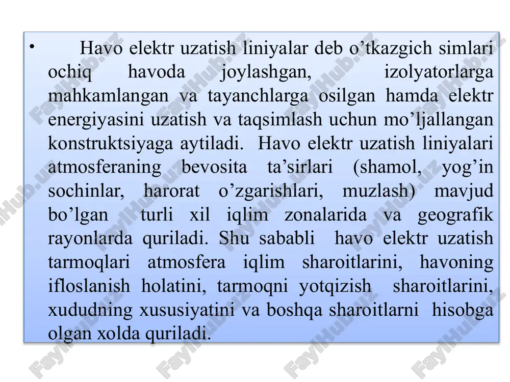 – g’ovak po’latli alyuminiy simlar markasida alyuminiy va po’lat simlarning kesimi alohida ko’rsatiladi. masalan as70/11bo’lsa, alyuminiy simlar 70 mm2 va po’lat simlarning kesimi 11 mm2 bo’ladi. simlar korroziyaga qarshi qoplamali yoki o’zagi to’ldiruvchili bo’lishi mumkin, masalan asks, askp, ask – xuddi as simday faqat o’zagi plenka bilan qoplangan. izolyatsiyalanmagan o’tkazgich simlarning ko’ndalang kesim yuzalari standart bilan aniqlangan (16, 25, 35,50,70,95, 120, 150, 185, 240, 300...800 mm2). o’tkazgich sim materiali sarfini oshirmasdan sim diametrini oshirish uchun g’ovak simlar yoki to’ldirgichli simlar qo’llaniladi 4.8 rasm. o’zini tutib turuvchi izolyatsiyali simning konstruktiv bajarilishi. kuchlanishi 0,38–10 kv bo’lgan havo elektr uzatish tarmoqlarida o’zini ko’tarib turuvchi izolyatsiyali simlar ko’pincha qo’llanilmoqda. 380/220 v kuchlanishli tarmoqlarda faza o’tkazgich simlari izolyatsiyali bo’ladi, nol sim esa izolyatsiyalanmagan bo’ladi. izolyatsiyalangan faza simlari ko’tarib turuvchi nol sim atrofiga o’ralgan bo’ladi havo tarmoqlarining izolyatorlari: a – 6–10 kv li shtirli; b – osma; v – 35 kv li shtirli; g – sterjenli …