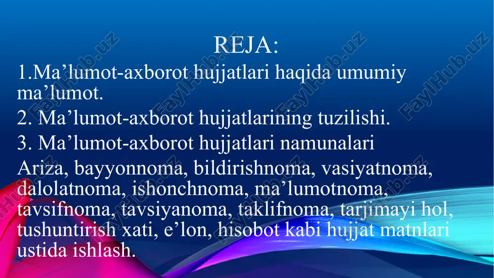 i, mehribonligi tufayli hamkurslari hurmatiga sazovor bo’lgan. tavsifnoma sobir rahimov tuman hokimyatiga taqdim qilish uchun berildi. dekan: (imzo) o.r. azizov. kasaba uyushmasi raisi: (imzo) a.r.miraliyeva (muhr) (sana) t a r j i m a y i h o l ma’lum bir shaxs tomonidan o’z shaxsiy hayoti va faoliyati haqida bayon qilingan yozuv tarjimayi hol deyiladi. tarjimayi hol bir xil andozaga ega emas, mufassar yoki muxtasar yozilishi mumkin. u muallif tomonidan mustaqil tuziladigan hujjatdir. tarjimayi holning asosiy zaruriy qismlari: 1. hujj atning nomi (tarjimayi hol) 2. matn: a) muallif familiyasi, ismi va otasining ismi; b) tug'ilgan yil, kun, oy va tug‘ilgan joyi; c) millati, ijtimoiy kelib chiqishi; d) ota-onasi haqida qisqacha ma’lumot (familiyasi, ismi va otasining ismi va ishjoy i); e) ma’lumoti (qayerda, qanday o‘quv yurtini tugatganligi va ma’lumotiga ko‘ra mutaxassisligi); f) ish faoliyatining turlari; g) oxirgi ish joyi va lavozimi; j) mukofot va rag‘batlantirishlar; z) jamoat ishlarida ishtiroki; i) oilaviy …