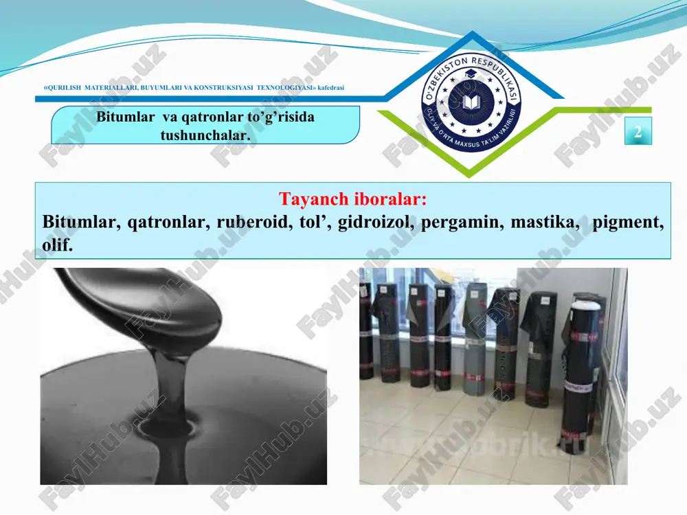 i. «qurilish materiallari, buyumlari va konstruksiyasi texnologiyasi» kafedrasi bitumning asosiy xossalari. 8 neft bitumlari kimyoviy tarkibi bo'yicha bir-biridan kam farq qiladi. uning tarkibida asosan uglerod (72–81 %) va vodorod (14 %gacha) bor. bulardan tashqari, bitumda kislorod, oltingugurt va qisman boshqa moddalar ham uchraydi. oltingugurt mikdori 4–6% dan ortmaydi. bitumlarning sifati asosan undagi asfalten, smola va yog'lar miqtsoriga bog'liq. bitumning mineral to'ldirgichlar bilan yaxshi yopishishida undagi asfalten kislotalar va angidridlarning ahamiyati katga. neft bitumlarida asfalten kislota miqtsori 1% dan ortmaydi. bular to'ldirgichlarni faollashtiradi va asfalt-beton xossalarini yaxshilaydi. «qurilish materiallari, buyumlari va konstruksiyasi texnologiyasi» kafedrasi bitumning asosiy xossalari. 8 bitumda smola miqdori 15–30 % dan ortmaydi. u bitumning egiluvchanligini, cho'ziluvchanligini oshiradi. smola bitum tarkibida egiluvchan, qayishqoq va qattiq holatda bo'ladi. bitum tarkibidagi yog' qolganlariga nisbatan engildir. o'zbekistonda ishlab chiqariladigan bitumdagi yog' miqdori 46–62 % ni tashkil etadi. yog' miqdorining ortishi bitumni suyultiradi, uning erish harorati va cho'ziluvchanligini kamaytiradi, ignaning botishi ortadi. bitumdagi …
