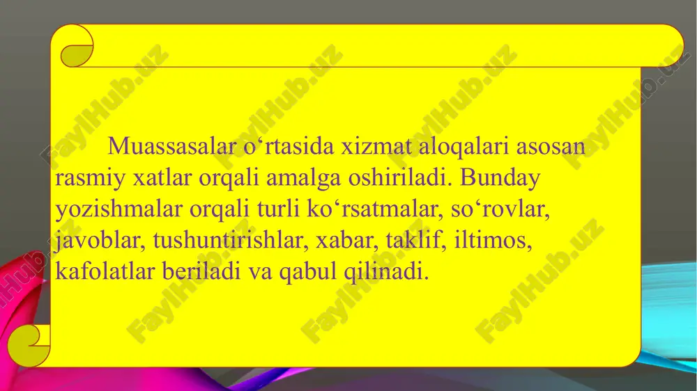 odalaydigan hujjat ma’lumotnoma deyiladi. ma’lumotnoma o’z xususiyati va mazmuniga ko’ra ikkiga: xizmat ma’lumotnomasi va shaxsiy ma’lumotnomaga bo’linadi. x i z ma t m a’ l u m o t n o m a s i - muassasa faoliyatiga doir voqeahodisalarni rasmiy ravishda aks ettiradi va tasdiqlaydi, axborot xususiyatiga ega bo‘lgan xilma-xil ma’lumotlami o‘z ichiga oladi, zarur hollarda esa raqamli jadvallar ko‘rinishida tayyorlanadi. taqdim etilayotgan ma’lumotlar ishlab chiqarish va moliyaviy faoliyat, xodim (shtat)lar soni, topshiriqlaming bajarilishi, moddiy-tovar boyliklarining saqlanishi, mehnat intizomining ahvoli haqida va boshqa xilma-xil masalalar to‘g‘risida hozirlanadi. bunday ma’lumotlarga matn mazmunini ochuvchi sarlavha qo‘yilishi lozim. masalan: ≪kontrakt to‘lov asosida tahsil olayotgan talabalar soni haqida≫ kabi. sarlavhadan so‘ng (ba’zan uning tarkibida) xabarga oid sana ko‘rsatiladi. masalan: ≪2009- yil 1-oktabrdagi holatga ko‘ra≫ kabi. bildirishnoma biror voqea-hodisa xizmat faoliyatiga tegishli masalalar ifodasi muayyan idora rahbariga axborot berish maqsadida taqdim qilinadigan hujjat b i l d i r i s h n o …