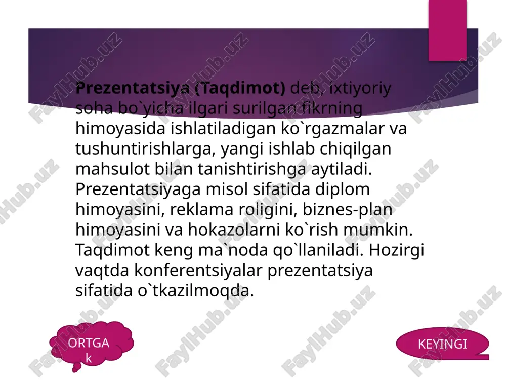 tanlangan amal bo`yicha harakatga keladi. keyngi ortga slaydlarni ketma-ket avtomatik tarzda harakatga kelishini tanlash uchun «pokaz slaydov» menyusida «smena slaydov» buyrug`idan «avtomaticheskie posle» tanlanib, «primenit ko vsem slaydam» tugmasi bosiladi. bu yerdan slaydlar almashish vaqtini, slaydlarning chiqish harakatlarini, chiqish tezligini va ovozini ham tanlash mumkin keyngi ortga keyngi ortga «dobavit effekti» tugmasidan harakatlarni tanlayotgan holat. keyngi ortga boshqa bir harakatlarni tanlash uchun «drugie effekti» buyrug`i tanlanadi. natijada quyidagicha oyna paydo bo`ladi. keyngi ortga e’tiboringiz uchun rahmat ortga bosh sahifa image2.png image3.png image4.png image5.png image6.png image7.png image8.png image9.png image10.png image11.png image12.png image13.png image14.png image15.jpeg image1.jpeg /docprops/thumbnail.jpeg