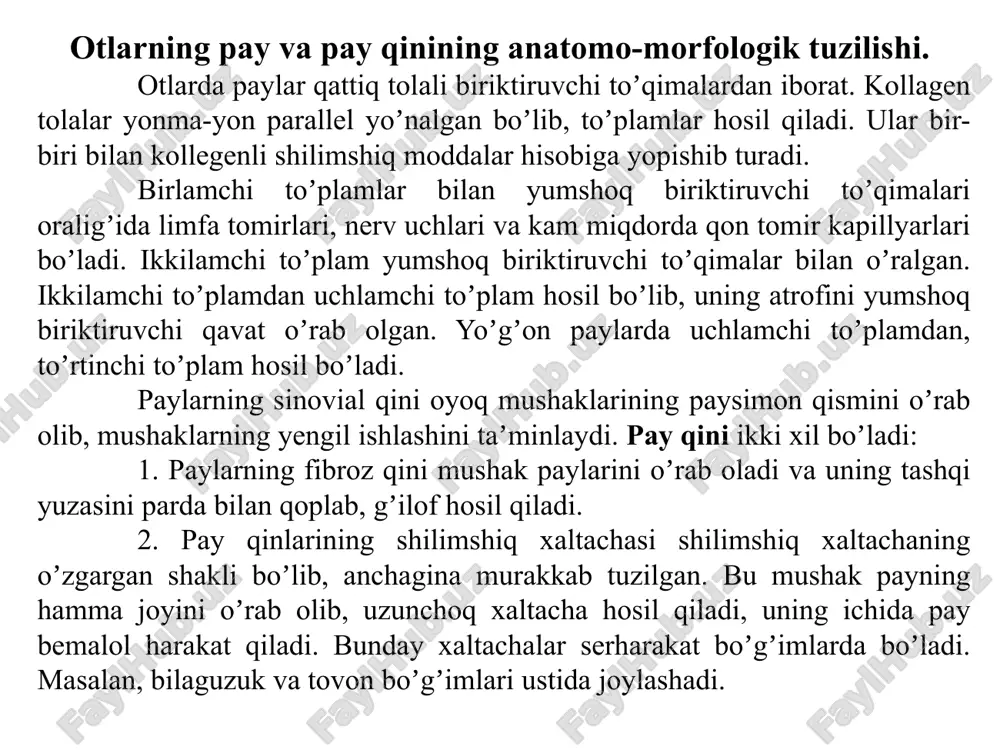 aginitlar, artritlar, gipovitaminozlar, raxit, osteomalyatsiya, oqsil yetishmasligi, tuyoqlarni notoʼgʼri tozalash va taqalash sabab boʼladi. klinik belgilari. choʼzilganda chegaralangan serozli yalligʼlanish rivojlanib, payda ogʼriqli issiq shish paydo boʼladi, hayvon tinch turganda oyoqlarini tez-tez almashtirib turadi. hayvon yurganda ozroq oqsaydi, agar qattiq yerda yurgizilsa oqsash kuchaya boradi. pay qisman uzilganda shikastlangan joy aseptik yalligʼlanish oqibatida shishadi, toʼsatdan ogʼriq va oqsash paydo boʼlib, mahalliy harorat oshadi, ayrim hollarda tananing umumiy harorati ham oshishi mumkin. payning qisman uzilgan joyini aniqlash qiyin, palpatsiya qilganda uzilgan joyda fibrin toʼplanganligini aniqlash mumkin. pay toʼliq uzilganda oʼzining funktsiyasini toʼliq yoʼqotadi, toʼsatdan kuchli oqsash paydo boʼlib, oyoq qoʼyishi oʼzgaradi. uzilgan payda shish (gematoma) paydo boʼladi. palpatsiya qilinganda uzilgan joyda chuqurcha borligi kuzatiladi va gʼijirlagan tovush eshitiladi. payning uzilgan joyida kuchli yalligʼlanish boshlanib, bunda ogʼriq va mahalliy harorat kuzatiladi, baʼzan umumiy harorat ham koʼtariladi. hayvon oyoqlariga tayana olmaydi, harakatlanganda mushaklar qaltiraydi, koʼp yotadi, turganda qiynalib turadi va hayvon oriqlaydi. ikki …