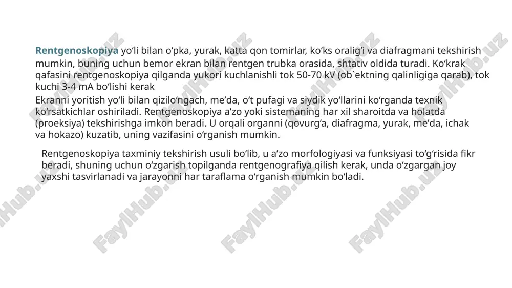 va siydik pufagini tekshirish uchun ishlatiladi. akusherlik ultratovush tekshiruvi: bu ultratovush tekshiruvi bo’lib, homiladorlikning birinchi vaqtidan boshlanadi. homiladorlikning ma’lum oylarida ultratovush tekshiruvi bilan: homiladorlik haftasini bashorat qilish tug’ma anormalliklarning diagnostikasi homilaning holati ko’pgina tafsilotlarni aniqlash mumkin, masalan, ko’p homiladorlik bor yoki yo’qligini. tos a’zolarining ultratovush tekshiruvi: homiladorlik davrida embrion va homilaning sog’lig’ini kuzatish uchun eng ko’p qo’llaniladigan tasvirlash usuli. tos a’zolarining ultratovush tekshiruvi nafaqat homiladorlik paytida nazorat qilish uchun ishlatiladi. bundan tashqar bachadon, tuxumdonlar, siydik pufagi va prostata bezini tekshirish uchun ishlatiladi – ko’krak ultratovush tekshiruvi : ko’krak ultratovush tekshiruvi ko’krakni tekshirishning eng ko’p qo’llaniladigan usullaridan biri bo’lib, uni 40 yoshdan oshgan ayollarda mammografik tekshiruvga qo’shimcha ravishda o’tkazish diagnostika aniqligini oshiradi. -jigar ultratovush tekshiruvi: jigarning hajmi, shakli va funktsiyasini aniqlaydi va shishlarni aniqlash uchun ishlatilishi mumkin. -buyrak ultratovush tekshiruvi: buyraklarning hajmi, shakli va funktsiyasini aniqlaydi va buyrak toshlari, kistalar va o’smalarni aniqlashda foydali bo’lishi mumkin. qalqonsimon bezning ultratovush tekshiruvi: qalqonsimon …