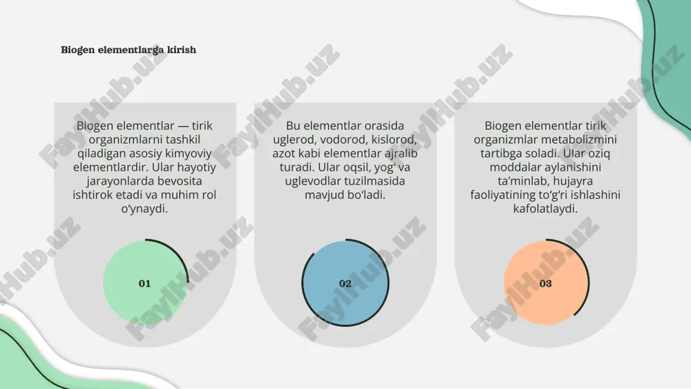 zmda kimyoviy reaksiyalarni boshqarishda muhim rol o‘ynaydi. masalan, kalsiy suyaklar va tishlarni mustahkamlashda ishtirok etadi, temir esa qondagi gemoglobin tarkibida kislorod tashishga javobgardir. biogen elementlar yetishmasligi salomatlikka zarar yetkazadi. shuning uchun ratsional ovqatlanishda ularning yetarlicha miqdori ta'minlanishi muhim hisoblanadi. 01 03 02 e’tiboringiz uchun rahmat