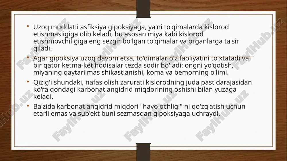 ruktiv apnea; giyohvand moddalarni iste'mol qilish natijasida yuzaga keladigan dozani oshirib yuborish; markaziy alveolyar giperventiliya sindromlari; o'tkir nafas olish qiyinlishuvi sindromi. siqish asfiksiyasi siqish asfiksiyasi (ko'krak qafasining siqilishi deb ham ataladi) nafas olishga xalaqit beradigan torso siqish orqali o'pka kengayishini cheklashni anglatadi. siqish asfiksiyasi ko'krak yoki qorin bo'shlig'i siqilganida paydo bo'ladi. baxtsiz hodisalarda "travmatik asfiksiya" yoki "ezilgan asfiksiya" atamasi odatda katta og'irlik yoki kuch ostida ezilgan yoki mahkamlangan odamning siqilish asfiksiyasini tasvirlash uchun ishlatiladi. travmatik asfiksiyaga misol qilib, sub'ekt mashinani ta'mirlash uchun mexanik tutqichdan foydalanayotganda, tutqich sirpanib ketganda transport vositasining og'irligi bilan eziladi. olomon bilan bog'liq halokatli ofatlarda, masalan, heysel stadionidagi halokatda, travmatik asfiksiya "olomonni siqish" deb ataladi. ommabop e'tiqoddan farqli o'laroq, ko'p hollarda o'limning katta qismiga to'mtoq jarohatlar emas, balki olomon tomonidan oyoq osti qilinishi natijasida kelib chiqadigan siqilish asfiksiyasi: pastki qismidagi odamlar tom ma'noda boshqa shaxslar tomonidan oyoq osti qilinadi va birinchisining ko'kragini kengaytirishga to'sqinlik qiladi. to'g'ri nafas …