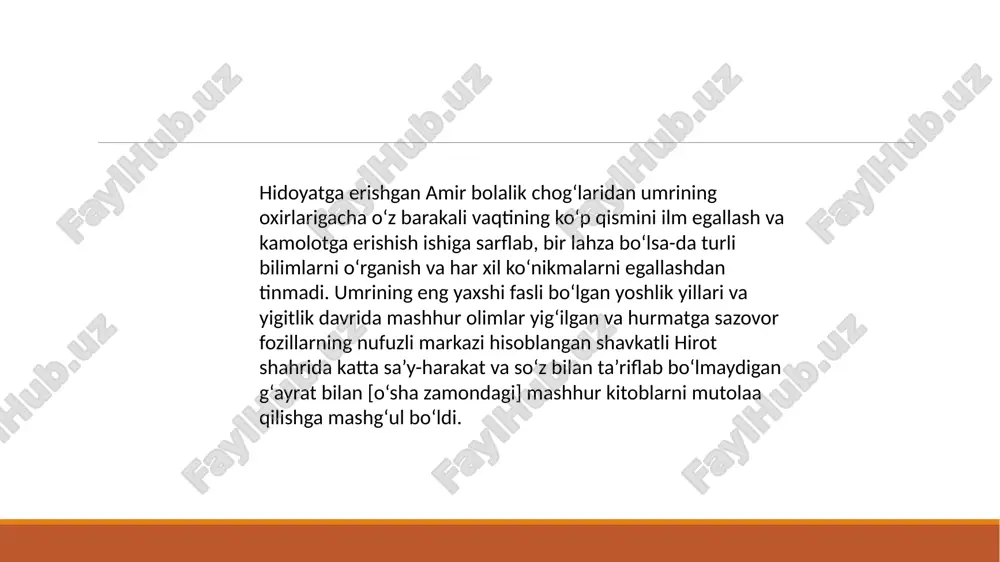 zlik qiladi. mavzuga doir test 1. «makorim ul-axloq» asaridan olingan quyidagi misralar kim haqida ekanligini toping. «bolalik chog‘laridayoq ul hazratning muborak tillaridan o‘ta ajoyib va kutilmagan so‘zlar chiqar va eshitganlar hayrat dengiziga g‘arq bo‘lardilar». a)z.m. bobur b) a. navoiy c) h. boyqaro d) s. g‘iyosiddin mansur 2. «makorim ul-axloq» asarida «xusraviya» madrasasining ilk g‘ishtini kim qo‘yib berganligi yoziladi? a)husayn boyqaro b) g‘iyosiddin kichkina c) badiuzzamon d) kichik mirzo 3. hirotlik o‘zbek shoiri, orif va mutafakkir, o‘z zamonasining «malik ulkalom»i darajasiga erishgan ijodkor qaysi javobda to‘g‘ri ko‘rsatilgan? a) jomiy b) lutfiy c) atoyi d) sakkokiy 4. «makorim ul-axloq» asarida keltirilishicha, lutfiy alisher navoiyning go‘zal misralarini eshitgach, o‘zining necha ming misradan iborat bo‘lgan barcha g‘azallarini shu birgina g‘azalga almashishga rozi ekanligini aytadi? a)o‘n yetti-o‘n sakkiz ming baytdan iborat bo‘lgan b) o‘n uch-o‘n besh ming baytdan iborat bo‘lgan c) o‘n-o‘n ikki ming baytdan iborat bo‘lgan d) o‘n besh-o‘n to‘qqiz ming baytdan iborat bo‘lgan …