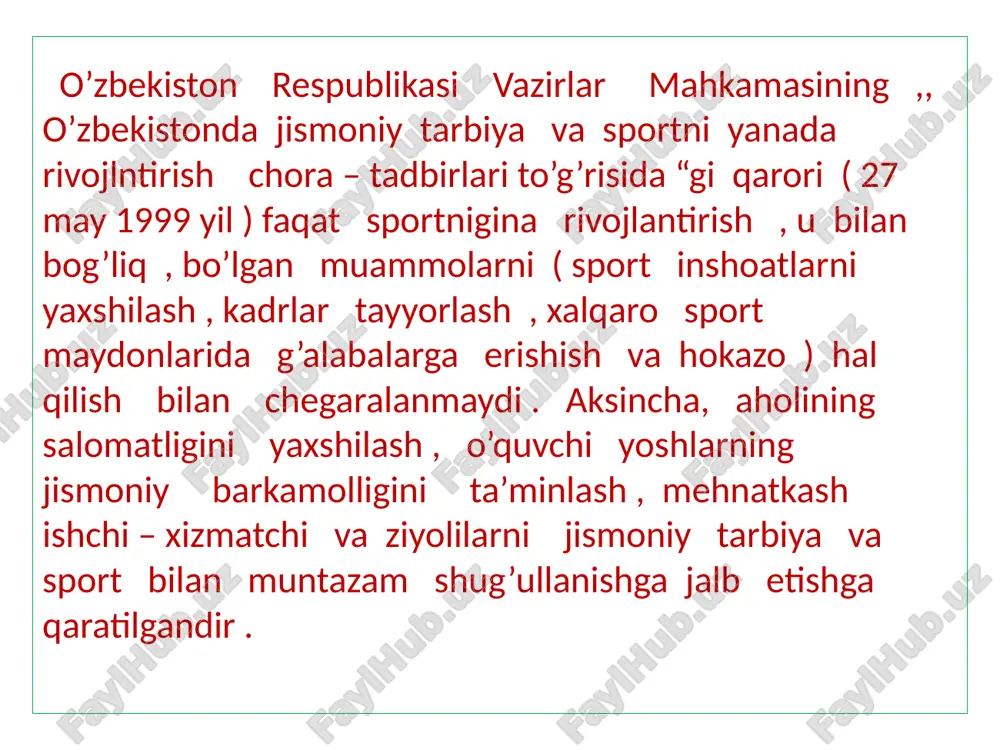azam shug’ullanish . ●o’rta va uzoq masofalarga yugurishda charchamaslik , chidamlilikni oshirish , suvda ko’p suzish va hokazolar . jismoniy tayyorgarlik va jismoniy barkamollik bilan egizak desa ham bo’ladi . ularning mujassamligi va samaralari maxsus jismoniy tayyorgarlikka yetaklaydi . maxsus jismoniy tayyorgarlik jismoniy sifatlar bilan tutashib ketadi . jismoniy sifatlar faqat sportdagina emas , balki ijtimoiy - turmush madaniyatimizda ham o’ziga xos xususiyatlarga egadir . e'tiboringiz uchun rahmat!