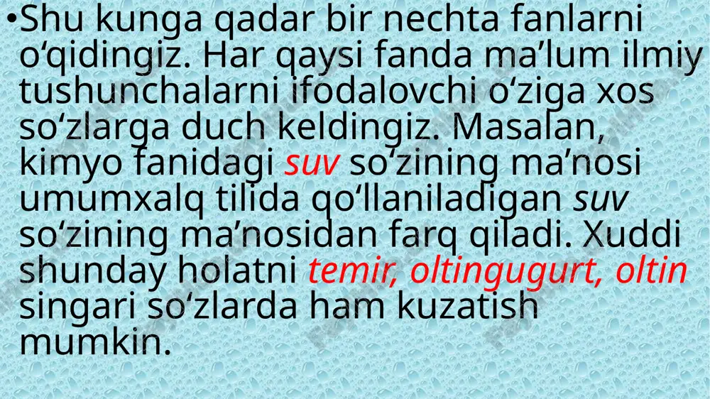 lopedik lug‘atlar ma’lum bir xalqning madaniy-ma’naviy, ilmiy-amaliy, siyosiy-iqtisodiy hayotiga doir barcha tushunchalarni qamrab oladi va bu tushunchalar unda o‘z izohini topadi. 1971—1980-yillar oralig‘ida o‘zsening 14 jildi nashrdan chiqqan. 2000—2006-yillarda 12 jildli «o‘zbekiston milliy ensiklopediyasi» yaratildi dessert — dasturxonga issiq ovqatdan so‘ng tortiladigan shirin taomlar (kisel, kompot, krem va boshqalar), ho‘l mevalar, konditer mahsulotlari. dessert uchun maxsus idishlardan foydalaniladi (dessert likop, dessert qoshiq, pichoq va shu kabilar) (167-bet). polis (fr. polici, ital. pollissa — tilxat) — shaxsiy yoki mulkiy sug‘urta shartnomasi zarurat tug‘ilganda sug‘urtachiga qarshi da’vo qo‘zg‘atib zararni undirish uchun sudga taqdim etiladigan rasmiy hujjat. (a. o‘lmasov, n. to‘xliyevning «bozor iqtisodiyoti») ensiklopedik (qomusiy) lug‘at filologik (lingvistik) lug‘at filologik lug‘atlar tildagi so‘zlarni izohlashga qaratilgan lug‘atlar izohli lug‘at, muayyan tildagi so‘zlarning ikkinchi tilga tarjimasini berishga qaratilgan lug‘atlar esa tarjima lug‘at sanaladi. izohli lug‘atlar so‘zlikning tanlanishiga ko‘ra umumiy va tarmoq lug‘atlarga bo‘linadi. tilning barcha so‘zlarini izohlashga qaratilgan lug‘atlar umumiy izohli lug‘atlar, ma’lum bir tarmoqqa …