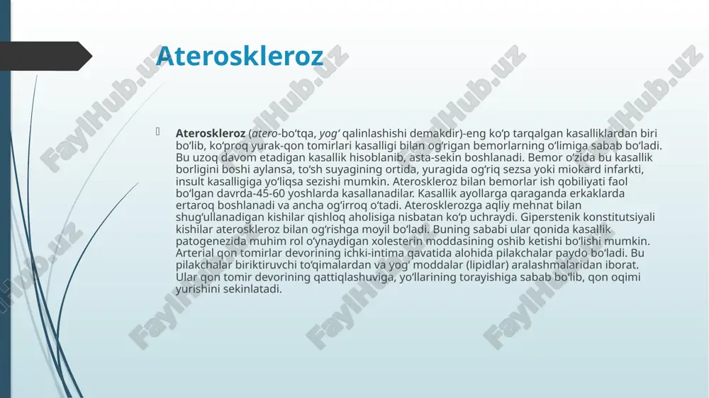 sochlari barvaqt to‘kiladi va oqaradi, mayda venalari kengayadi, ayrim arteriyalari egri-bugri va ushlab ko‘rilganda qo‘lga qattiq unnaydi, ko‘zlaridagi yaltiroq joziba pasayadi, lablarida sianoz, tinch turganda nafas qisishi va yurak dekompensatsiyasida shishlar bo‘lishi mumkin. toj tomirlar aterosklerozi surunkali toj tomirlar yetish­movchiligi ko‘rinishida yuzaga chiqadi, ya’ni yurak sohasida og‘riq, stenokardiya, yurak urishi, nafas qisishi va boshqalar. aterosklerotik kardioskleroz belgilari: toj tomirlar yetishmovchiligi; miokard qisqarishi qobiliyatining buzilishi—yurak yetish­movchiligi (chap yoki o‘ng qorincha yoki total yurak yetish­movchiligi); yurak ritmi va o‘tkazuvchanligi buzilishi (ekstrasistoliya, titroq aritmiya, turli darajalardagi yurak blokadasi va bosh.). bosh miya tomirlari aterosklerozida: bosh og‘rig‘i, bosh aylanishi, xotiraning susayishi, qo‘llar tremori, nutq va xatning buzilishi, ko‘z tubining o‘zgarishi, tromboembolik asoratlarning belgilari va boshqalar kuzatiladi. arteriyalar aterosklerozi belgilari: buyraklar arteriyalari aterosklerozi: buyraklarning zarar­lanish simptomlari—proteinuriya, mikrogematuriya, ba’zan silinduriya, simptomatik gipertenziya, nefroangioskleroz, buyrak dekomensatsiyasi belgilari; ichak tutqich arteriyalari aterosklerozi: qorin dam bo‘lishi, noaniq og‘riqlar, ichakdan qon ketishi, ichak tutilishi belgilari va boshqa. laboratoriya ko‘rsatkichlari: umumiy …