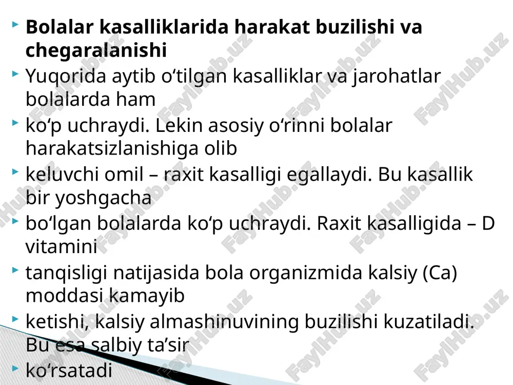 arilishi bilan namoyon bo‘ladi. mikroblar va ular ajratadigan mahsulotlar (mikrob pirogenlar), bir tomondan issiqlikni boshqaradigan nerv markazlariga ta'sir ko‘rsatib, ularning qo‘zg‘alishiga sabab bo‘lsa, ikkinchi tomondan oq qon tanachalarini (netrofillarni) ta'sirlantiradi, ular bunga javoban o‘z pirogenlarini ishlab chiqarib, qonga ajratadi. bu pirogenlar infeksiyaga qarshi faol kurashadi. nazorat savollari 1.boalalar orasida qanday kasalliklar ko’proq uchraydi 2.bolalarda suyak kasalliklarining kelib chiqish sabablari 3.keksalarda kasalliklarni bartaraf qilish va davolash foydalanilagan adabiyotlar f.bahadirova “reablitatsiya massaj va mehnat bilan davolash e.ulxo’jaeva “fizioterapiya va tibbiy rteablitatsiya internet saytlari 1. www.xs.uz 2. www.gov.uz 3. www.edu.uz e’tiboringiz uchun tashakkur image1.jpeg /docprops/thumbnail.jpeg