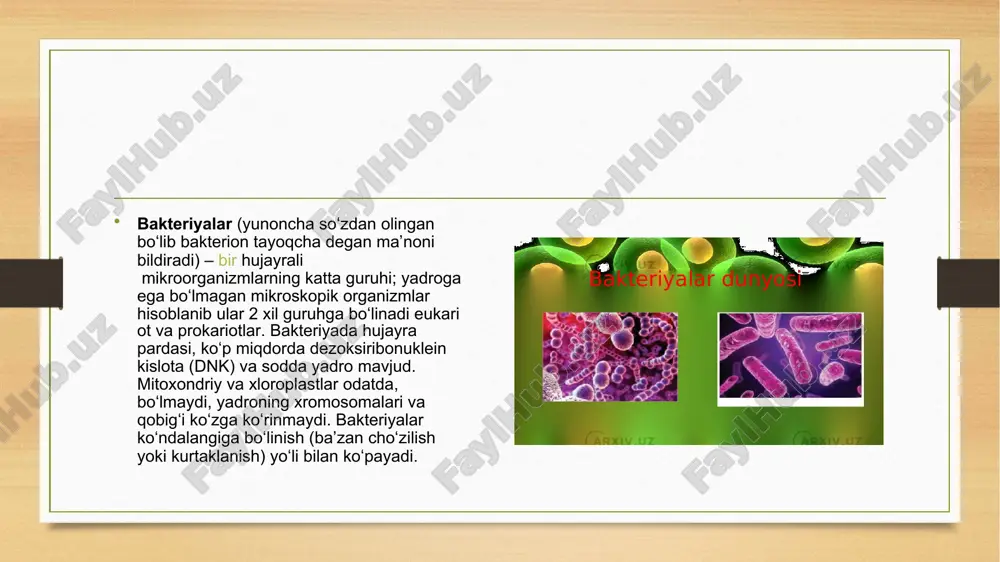 azotni organik birikmalardan (aminokislotalardan, murakkab oksillardan) oladi; energiya manbalariga qarab mikroorganizmlar: •fototroflar - biosintez reaksiyalari uchun quyosh nuridan energiya oladi; •xemotroflar - neorganik va organik moddalardan energiya oladi; •mikroorganizmlar vodorod va kislorodni suvdan o'zlashtiriladi •bakteriya hujayrasiga oziq moddalar faqat erigan holda kiradi. baktyeriya hujayrasi uchun o zlashtiradigan asosiy birikmalarga ﻿uglevodlar ﻿aminokislotalar ﻿yog' kislotalari ﻿mineral tuzlar ﻿vitaminlar va boshqalar kiradi ﻿bakteriya hayotida kerakli bo 'lgan elementlarga quyidagilar kiradiv.uz •makroelementlar - c, h, o, n, p, s, k (2-14%), ca, mg, fe •mikroelementlar mn, mo, zn, cu, co, ni, br. oziq moddalar bakteriya hujayrasidan ikki xil yo 'l bilan chiqadi: ﻿passiv diffuziya yo'li bilan ﻿yengillashgan diffuziya yo'li bilan permeaza fermenti ishtirokida bo 'ladi oziq moddalar transporti oziq moddalar hujayra ichiga bir necha yo'l bilan kiradi: 1) passiv tashib o'tkazish - 2 xil bo'ladi. a) passiv diffuziyav bunda oziq muhit bilan mikrob hujayrasi o'rtasidagi osmotik bosim va moddalar konsentrasiyasi tenglashadi yoki mikrob hujayrasidagi …