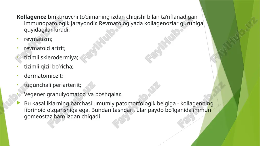 gunlar (terida) tizim zararlanishi – yurak, o‘pka b. laborator tahlillar: rf (revmatoid faktor) – ijobiy (70–80%) anti-ccp – yuqori spesifik esr, crp – yallig‘lanish ko‘rsatkichlari c. davolash: dmards: metotreksat – asosiy dorisi biopreparatlar: rituksimab, adalimumab nsaid, steroidlar diagnostika biopsiya kompyuter tomografiyasi mrt o'pka va bronxlarni uzi qilish qorin bo'shlig'i uzi qilish buyrakni uzi qilish qo'shimchalarning rentgeni exokardiyografiya (exokg) biokimyoviy qon tahlili immunologik tekshiruvlar umumiy qon tekshiruvi kollagenozlarni tekshirish paytida shifokor quyidagilarga e’tibor beradi: tashxisni revmatolog o‘tkazadi, ba’zi hollarda boshqa mutaxassislarning maslahati talab qilinishi mumkin. kollagenozni davolash kollagenozlarni davolash har doim uzoq davom etadi, ba’zan umrbod davom etadi. dori preparatlarining asosiy guruhlariga quyidagilar kiradi: yallig‘lanishga qarshi nosteroid vositalar; glyukokortikoidlar; sitostatiklar; oltin preparatlari; aminoxinolin hosilalari. preparatlarning davomiyligi va dozasi kasallikning alomatlari, bemorning yoshi, ahvoli va sog‘lig‘ida boshqa muammolar mavjudligini hisobga olgan holda individual ravishda tanlanadi. kasallikning avj olish davrida gemokorreksiyaning ekstrakorporal usullari, masalan, gemosorbsiya, plazmaning kaskadli filtratsiyasi va plazmaferez qo‘llanilishi mumkin. remissiya …