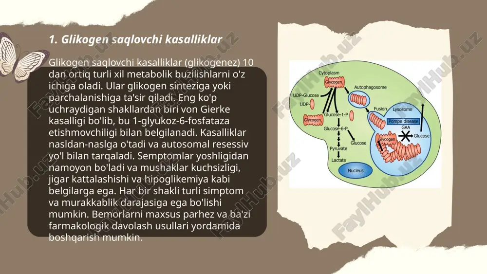 hi mumkin va ular kasallikning turiga bog‘liq. umumiy simptomlarga mushak zaifligi, jismoniy faollik natijasida charchash, gipoglikemiya (qonda shakar miqdorining pasayishi), jigarning kattalashishi (hepatomegaliya), bo‘y o‘sishining sekinligi va og‘irlik ortmasligi kiradi. ba’zi hollarda yurak mushaklarining zaiflashishi ham kuzatilishi mumkin. bu kasalliklar odatda bolalik davrida aniqlanadi, ammo ba’zi shakllari kechroq, kattalar yoshida namoyon bo‘lishi mumkin. har bir tur o‘ziga xos belgilarga ega bo‘lgani uchun diagnostika va davolash turlicha bo‘ladi. ... t.me/slaydai_bot 7. glikogen metabolizmining buzilishi glikogen metabolizmining buzilishi, asosan, glyukojen saqlovchi kasalliklar bilan bog‘liq bo‘lib, bu kasalliklar glikogenez yoki glikogenoliz jarayonlariga ta'sir qiladi. glyukoza-6-fosfataza yoki boshqa fermentlar yetishmovchiligi oqibatida kelib chiqib, jigar va mushaklarda glikogen to‘planishiga olib keladi. natijada gipoglikemiya, mushak zaifligi va jigar kattalashuvi kabi belgilarga sabab bo‘lishi mumkin. yangi tug‘ilgan chaqaloqlarda kerakli davolanmasa, bu buzilishlar og‘ir asoratlar, jumladan o‘sishning sekinlashishi yoki jiddiy metabolik buzilishlarni keltirib chiqarishi mumkin. aralashuv odatda oziq-ovqat rejimi va ba'zan enzim terapiyasini o‘z ichiga oladi. glyukogen saqlovchi …