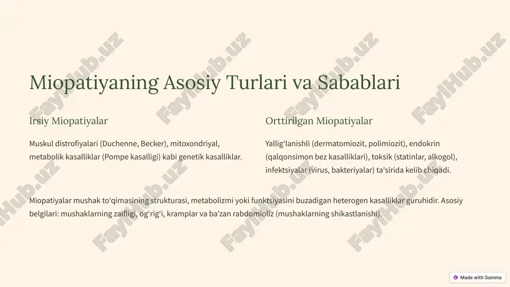 rvatsiyada asosiy xulosa 1 neyrotrofik omillar emas, neyromotor faollikning yo'qligi asosiy sababdir. 2 neyromotor impulslar mushak xususiyatlarini tartibga solishda hal qiluvchi rol o'ynaydi. denervatsiya hodisalarida "neyrotrofik omillar" (nervdan ajraladigan kimyoviy moddalar) emas, balki neyromotor faollikning yo'qligi asosiy sababdir. neyromotor impulslar mushak xususiyatlarini tartibga solishda hal qiluvchi rol o'ynaydi. 10 yakuniy xulosa miopatiyalar kompleks kasalliklar boʻlib, erta aniqlash va sababga yoʻnaltirilgan davo bemorlar hayot sifatini yaxshilaydi. koʻp tarmoqli tibbiy yordam va doimiy monitoring muvaffaqiyat kalitidir. kattalardagi to'liq shakllangan mushaklarda neyrotrofik omillar ahamiyatsiz, lekin embrion yoki rivojlanayotgan mushaklarda ular neyromotor faollik bilan birga ta'sir ko'rsatishi mumkin. mushakning innervatsiyasizligi neyromotor impulslar yo'qligi bilan bog'liq. elektrostimulyatsiya mushakni saqlash uchun samarali. neyrotrofik ta'sir asosan rivojlanish davrida muhim, kattalarda emas. 11 foydalangan adabiyotlar: 1. turdalieva r.r. *klinik gematologiya asoslari*. – toshkent: ibn sino, 2021. 2. karimov u.k., abdullaeva g.a. *odam fiziologiyasi*. – toshkent: tta, 2020. 3. rodak b.f., carr j.h., mckenzie s.b. *hematology: clinical principles and …