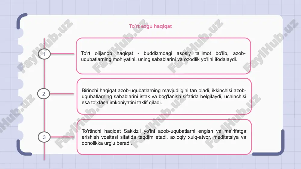 i va missionerlik faoliyati orqali osiyo bo'ylab tarqalgan. sayohat qilib, u mahalliy madaniyatlarga moslashdi, turli amaliyot va e'tiqodlarni yaratdi. buddizmning tarqalishi xitoy, yaponiya, koreya va janubi-sharqiy osiyo kabi mamlakatlarga etib, san'at, me'morchilik va falsafaga ta'sir ko'rsatdi. bu jamiyatlarning ajralmas qismiga aylandi, ularning dunyoqarashini shakllantirdi. siddhartha gautama bilan boshlanganidan tortib, bugungi kunda keng tarqalgan ta'sirigacha, buddizmning osiyo bo'ylab sayohati an'analar, ma'naviyat va falsafiy izlanishlarning boy gobelenini aks ettiradi. buddist san'ati va arxitekturasi buddist san'ati va me'morchiligi din tarixining ajralmas qismi bo'lib, uning e'tiqodlari va qadriyatlarini vizual tasvirlar orqali aks ettiradi. buddaning murakkab haykallaridan tortib, hayratga soladigan ma'bad tuzilmalarigacha, buddist san'ati e'tiqodning ma'naviyati va madaniy boyligini namoyish etadi. buddist me'morchiligida topilgan murakkab dizaynlar va ramziy naqshlar meditatsiya, fikrlash va tinchlik tuyg'usini ilhomlantirish uchun vosita bo'lib xizmat qiladi. buddist ta'limotlarining zamonaviy talqinlari buddist ta'limotlarining zamonaviy talqinlari diqqat, rahm-shafqat va o'zaro bog'liqlikka qaratilgan. ushbu g'oyalar zamonaviy masalalarga qo'llaniladi va shaxsiy o'sishni ta'kidlaydi. buddist diniy …