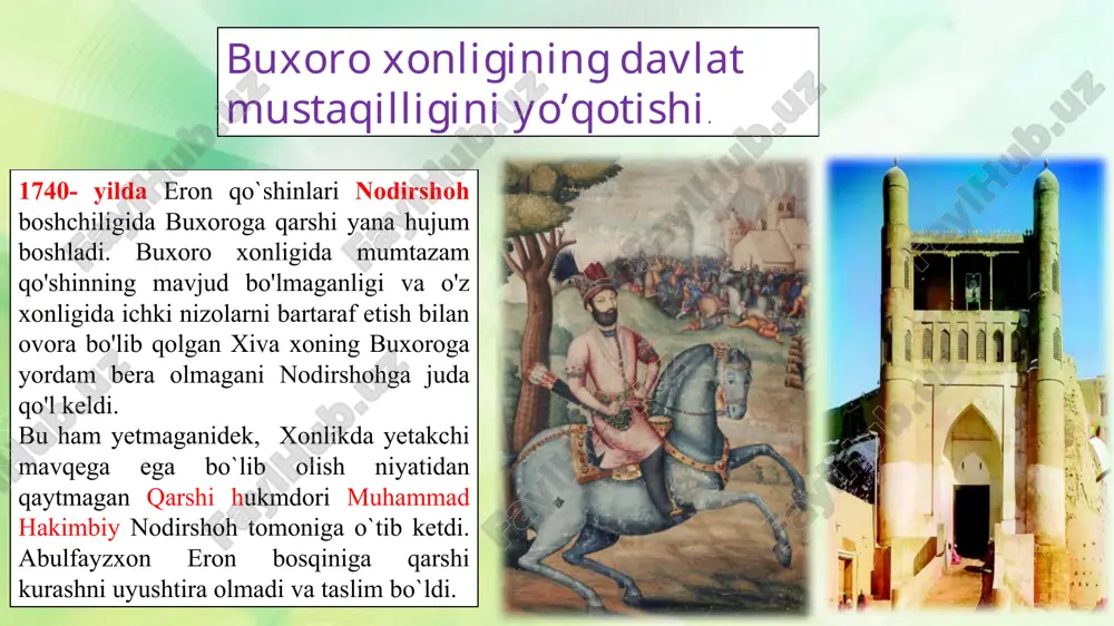 sa ularni bostirishga ulgura olmasdi uning davrida balx, hisor, ko`lob, o`ratepa bekliklarining mustaqillikka intilishlari kuchaydi. katta yer egalarining o`zboshimchaligini haddan oshdi. doniyolbiy shunday sharoitda taxtni o'g'li shohmurodga (1785-1800) topshirdi. shohmurod darvishona hayot kechirar, shayx maslahati bilan bozorda yuk tashuvchilik qilardi. keyin esa pichoqqa qin yasab sotib, shu orqali ro`zg`or tebratardi. shohmurod faoliytida xalqqa tayanib ish ko'rardi. adolat tamoyiliga qattiq amal qilardi. shu jihatlari bilan xalq orasida obro`si katta bo`lgan. yoshligidan xudojo`y, porso (pokiza) bo`lib o`sgan. madrasani bitirib, darvishlik jamoasi tarafdori, targ`ibotchisidan biriga aylanadi. xalq uni hurmat bilan ,,amiri ma 'sum" (begunoh amir) unvonini bergan. buxoro aholisiga tarxon yorlig'i yozib berdi. unga ko'ra, aholi savdo daromadidan to'laydigan boj soglig'idan ozod etildi. hunarmandlardan pul yig'ish, ularni majburiy mehnatga jalb etish taqiqilandi. asosiy soliq xiroj miqdori kamaytirildi urush kelib chiqqanida qo'shinning xarajati uchun jul solig'i joriy etildi. zarafshon vodiysida , amudaryo va qashqadaryo vohalarida sug'orish tizimlarini qayta tikladi markaziy hokimiyatga bo'ysinishni istamagan viloyat …