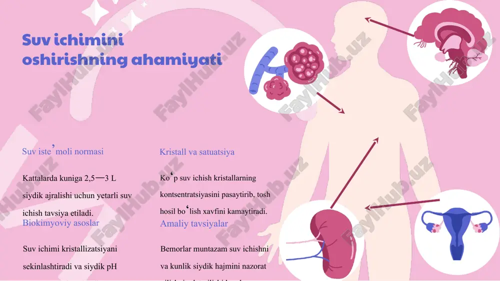 ni oshirish va sitrat manbalari: kattalar uchun ≥2.5–3 l siydik ajratish; limon va apelsin sharbati sitratning tabiiy manbai hisoblanadi. parhezning ahamiyati photo by alexandr podvalny on unsplash biokimyoviy asoslangan profilaktika quyidagilarga asoslanadi: - suv ichimini oshirish: kuniga kamida 2.5–3 litr siydik ajralishini ta’minlash kristallarning satuatsiyasini kamaytiradi va tosh hosil bo‘lish xavfini pasaytiradi. - inhibitor moddalardan foydalanish: sitrat, mg²⁺ va tamm-horsfall glikoproteini tosh hosil bo‘lishini sekinlashtiradi. sitrat mevalar (limon, apelsin) va kaliy sitratdan olinadi. - parhezga e’tibor: oksalat (ismaloq, shokolad) va purin (qizil go‘sht, jigar) iste’molini cheklash, parhezda yetarli kaltsiyni (1000 mg/kun) saqlash tavsiya etiladi. - muhit ph’ini boshqarish: urat toshlarida siydikni ishqoriylashtirish, fosfat toshlarda esa kislotalash muhim. ushbu individual yondashuvlar tosh hosil bo‘lishini samarali oldini olishga yordam beradi. oldini olish strategiyalari photo by ashkan forouzani on unsplash tosh turlariga mos profilaktika strategiyalari kaltsiy oksalat toshlarida: suv ichimini oshirish (≥2,5–3 l/kun), parhezda kaltsiy miqdorini me’yorlash (~1000 mg/kun), sitrat iste’molini ko‘paytirish (limon/apelsin …