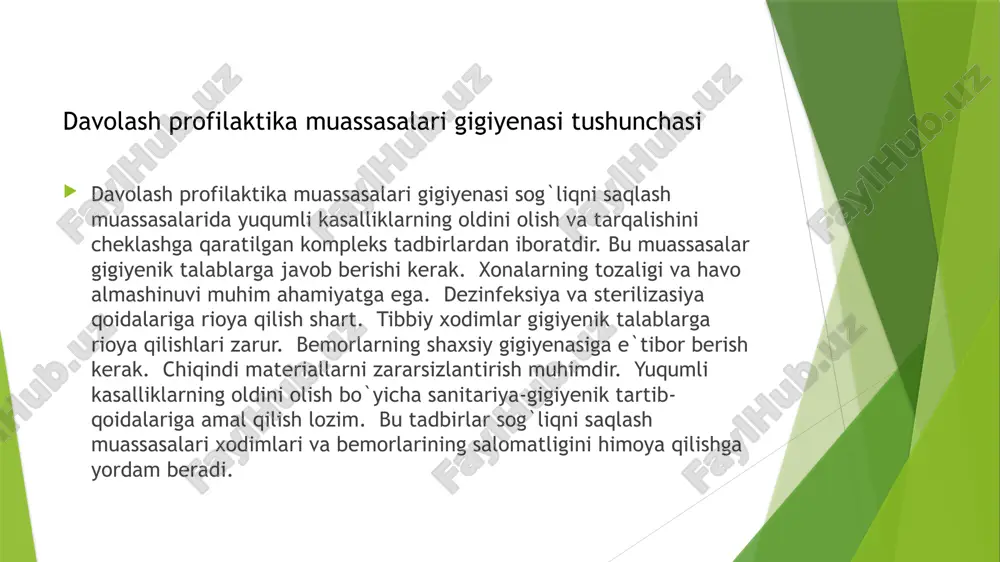 bilan ishlashda tibbiy xodimlar xavfsizlik choralari bo`yicha ko`rsatmalarga rioya qilishlari kerak. bemorlarning huquqlari himoya qilinishi kerak. bemorlarga kerakli tibbiy yordam ko`rsatilishi kerak. bemorlarning ma`lumotlari sir saqlanishi kerak. bemorlarga sog`liqni saqlash bo`yicha kerakli ma`lumotlar berilishi kerak. bemorlarning xavfsizligi va farovonligi ta`minlanishi kerak. bemorlar gigiyenasi va xavfsizlik choralari dezinfeksiya va sterilizasiya yuqumli kasalliklarning tarqalishini oldini olishda muhim rol o`ynaydi. dezinfeksiya mikroblarni yo`q qilishga qaratilgan choradir. sterilizasiya barcha mikroblarni yo`q qilishga qaratilgan choradir. dezinfeksiya uchun kimyoviy moddalardan foydalanish mumkin. sterilizasiya uchun avtoklavlar yoki boshqa usullardan foydalanish mumkin. dezinfeksiya va sterilizasiya usullari turli xil bo`lishi mumkin. tanlangan usul asbob-uskunaning turiga va mikroorganizmlarga bog`liq. dezinfeksiya va sterilizasiya qoidalariga rioya qilish zarur. noto`g`ri dezinfeksiya va sterilizasiya yuqumli kasalliklarning tarqalishini kuchaytirishi mumkin. dezinfeksiya va sterilizasiya jarayonlarini muntazam nazorat qilish lozim. dezinfeksiya va sterilizasiya usullari chiqindi materiallarni zararsizlantirish yuqumli kasalliklarning tarqalishini oldini olishda muhim rol o`ynaydi. tibbiy chiqindilar maxsus idishlarga yig`ib olinadi. chiqindilar zararsizlantiruvchi vositalar bilan ishlov beriladi. …