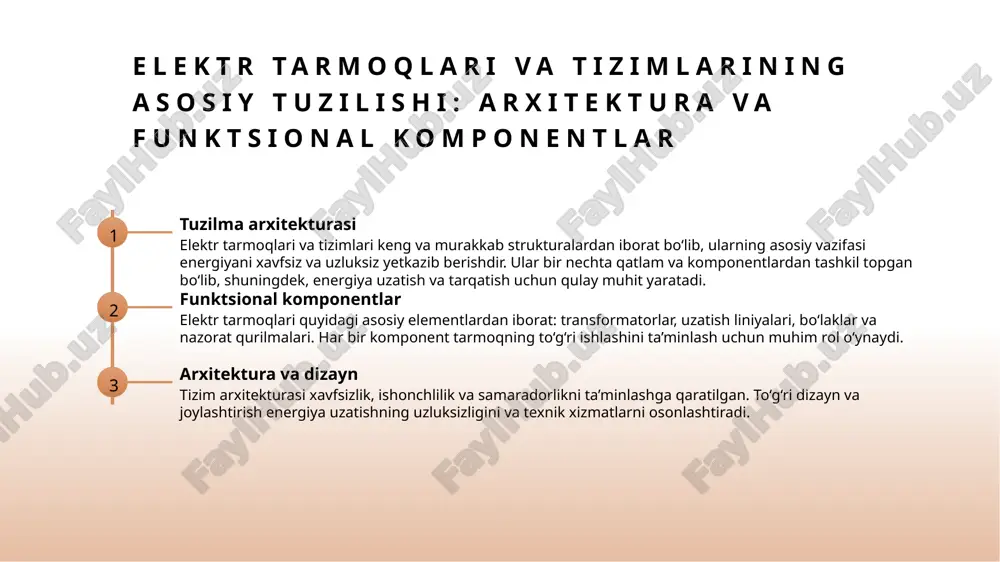 xavfsizligini ta’minlaydi. 3 yuk ko‘tarish imkoniyatlari uzatish liniyalarining yuk ko‘tarish imkoniyati va quvvat chegaralari aniq belgilangan bo‘lishi lozim, bu esa energiya uzatish samaradorligini oshiradi va avariyalarni oldini oladi. 4 monitoring va nazorat energiya uzatishda uzluksizlik va xavfsizlik uchun monitoring tizimlari va texnik ko‘rsatkichlarni doimiy nazorat qilish zarur. bu, muammo yuzaga kelganda tezkor javob qilish imkonini beradi. ta’lim va taqsimlash tizimlarida xavfsizlik qoidalari va texnik talablarga rioya qilish 01 xavfsizlik qoidalari elektr ta’lim va taqsimlash tizimlarida xavfsizlik qoidalariga rioya qilish, jarayonlarni xavfsiz va ishonchli tashkil etishni ta’minlaydi. bu qoidalar elektr shoklari, yong‘in va avariyalarni oldini olish uchun muhimdir. 02 texnik talablarga muvofiqlik tizimlar uchun belgilangan texnik standartlarga amal qilish, qurilmalar va uskunalarning xavfsiz va samarali ishlashini kafolatlaydi. bu esa uzilishlar va nosozliklarni kamaytiradi. 03 favqulodda vaziyatlar uchun tayyorlik har qanday favqulodda vaziyatda tezkor va to‘g‘ri harakat qilish uchun xavfsizlik protokollari va texnik talablar aniq belgilangan bo‘lishi zarur. bu inson va muhit …