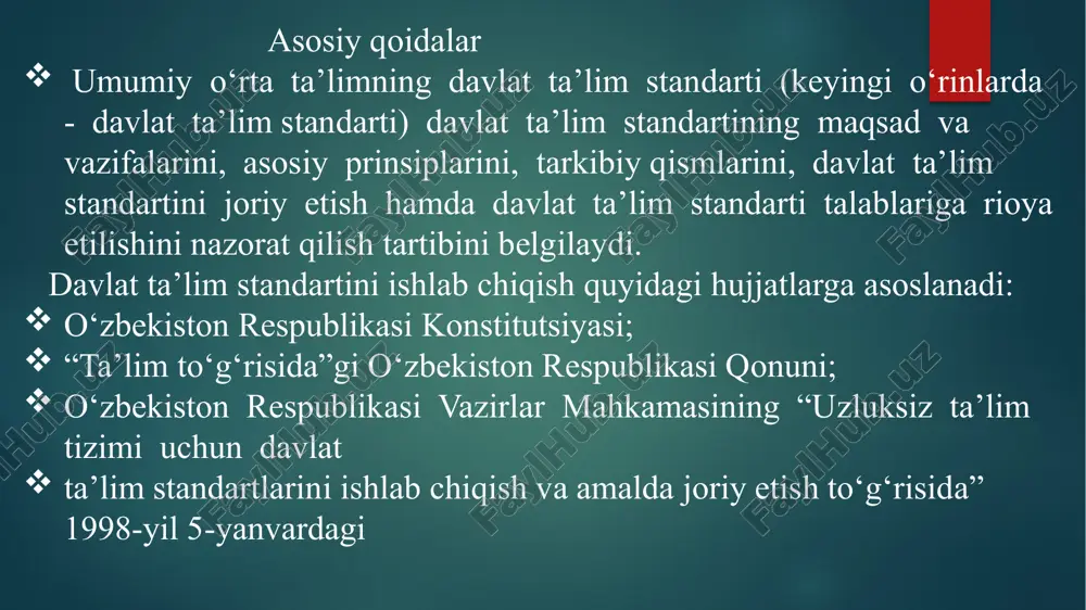 ya qilish ustidan nazoratni amalga oshirishning maqsadi - davlat ta’lim standarti talablarini bajarish darajasini aniqlash, zarur chora-tadbirlarni amalga oshirish asosida ta’lim sifatini ta’minlashdan iborat. davlat ta’lim standarti talablariga rioya qilish ustidan nazorat o‘zbekiston respublikasi xalq ta’limi vazirligi tomonidan quyidagi ko‘rinishlarda amalga oshiriladi: davlat ta’lim standarti talablari asosida barcha umumiy o‘rta ta’lim muassasalarida sifatiga ta’sir etuvchi omillarni, foydalanilgan pedagogik va axborot-kommunikatsiya texnologiyalarining natijaviyligini tahlil qilish. bitiruvchilar standart daraja daraja nomlanishi umumiy o‘rta ta’lim maktablarining 5-sinf bitiruvchilari a1 tarix fanini o‘rganishning boshlang‘ich darajasi tarix fani chuqur o‘rganiladigan ixtisoslashtirilgan umumta’lim muassasalarining 5-sinf bitiruvchilari a1+ tarix fanini o‘rganishning kuchaytirilgan boshlang‘ich darajasi umumiy o‘rta ta’lim maktablarning 9-sinf bitiruvchilari a2 tarix fanini o‘rganishning tayanch darajasi (eng qadimgi davrdan xx asr boshlarigacha) tarix fani chuqur o‘rganiladigan ixtisoslashtirilgan umumta’lim muassasalarining 9-sinf bitiruvchilari a2+ tarix fanini o‘rganishning kuchaytirilgan tayanch darajasi. umumiy o‘rta ta’lim maktablarning 11-sinf bitiruvchilari b1 tarix fanini o‘rganishning tayanch darajasi davom ettiriladi (xx asr boshlaridan hozirgi kungacha …