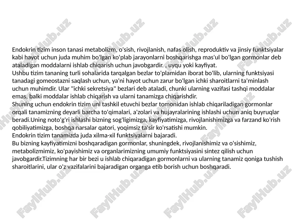 ari(kortikosteroidlar), jinsiy gormonlar (androgen va estragenlar), 1,25- dioksixolikalsiferol va boshqalar kiradi. eykozanoidlar – ko’p to’yinmagan yog’ kislota (araxidonat) unumlari bo’lib, uch sinf birikmlarini o’z ichiga oladi: prostaglin, leykotrient na tromboksanlar.ular suvda erimaydigan nostabil birikmalar bo’lib, o’z ta’sirini sintezlangan joyi yaqinidagi hujayralarda ko’rsatadi. gormonlar signalini o’tkazish molekulyar mexanizmlari 3 xil: 1.adenilatsiklaza messenjer sistemasi 2.guanilatsiklaza messenjer sistemasi 3.ca+2 messenjer sistemasi fiziologik funksiyalarni idora etilishida azot oksidining roli -azot oksidi l-arginin aminokislotasidan no-sintaza ta’sirida ishlab chiqariladi. -no-sintazani 4 izoformasi mavjud: -endotelial (konstitutianal, ca+2ga bog’liq) tomirlar tonusini boshqaradi. -neyronal (konstitutsional, ca+2 ga bog’liq) nerv impulslarini o’tkazilishini ta’minlaydi. -makrofagal (indutsibel) yallig’lanish sitokininlarini ishlab chiqaradi. -jigar (indutsibel) jigar funksiyasini boshqaradi. biologik funksiyasiga qarab gormonlar 5 xilga bo’linadi: 1.uglevod, yog’, aminokislota almashinuvini idora etuvchi gormonlar (insulin, glyukagon, adrenalin, kortikosteroidlar), 2.suv-tuz almashinuvini idora etuvchi (mineralokortikosteroidlar, antidiuretik gormonlar) 3.kalsiy va fosfat almashinuvini idora etuvchi gormonlar (paratgormon, kalsitriol, kalsitonin) 4.reproduktiv funksiyaga aloqador modda almashinuvini idora etuvchi gormonlar (estradiol, progestron, testosteron) …