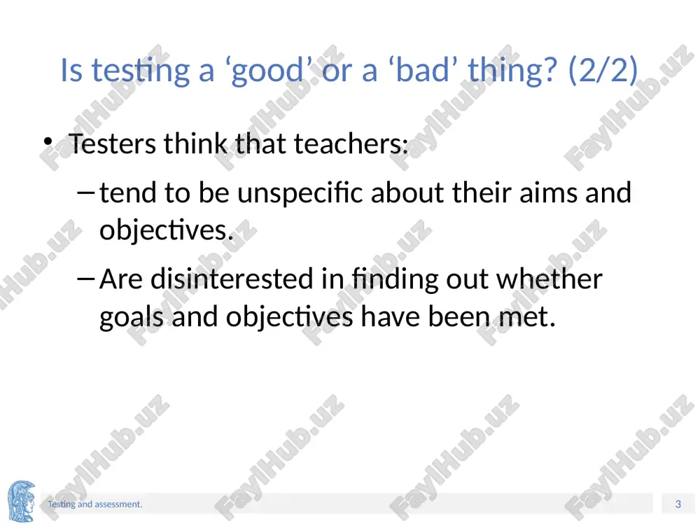 en an appraisal instrument is self-administered for the specific purpose of providing performance feedback, diagnosis and prescription recommendations rather than a pass/fail decision. students engage in a systematic review of their progress and achievement, usually for the purpose of improvement. it may involve comparison with an exemplar, success criteria, or other criteria. it may also involve critiquing one's own work or a description of the achievement obtained. ‹#› testing and assessment. other forms of assessment? (2/2) peer assessment occurs when students judge one another's work on the basis of reference criteria. this can occur using a range of strategies. the peer assessment process needs to be taught and students need to be supported by opportunities to practice it regularly in a supportive and safe (classroom) environment. ‹#› testing and assessment. does assessment include testing? yes, it does. testing is a particular kind of assessment which focuses on eliciting a specific …