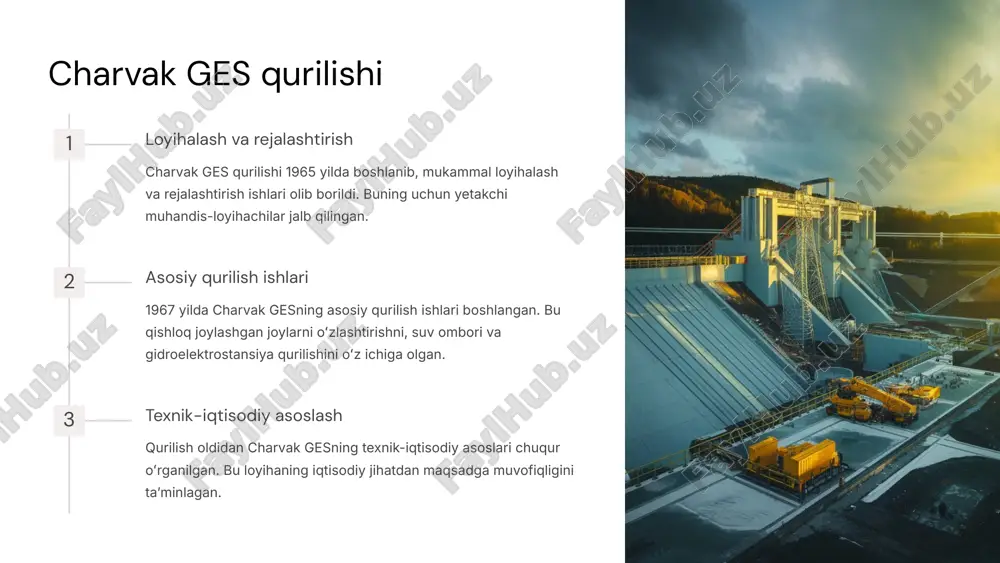 rish va oʻlkaning qishloq xoʻjalik mahsulotlari ishlab chiqarishini sezilarli darajada oshirish imkonini beradi. qishloq turizmi uchun qishloq xoʻjaligidagi roli bilan bir qatorda, charvak ges oʻzbekistonning ajoyib tabiiy manzaralarini yaratadi va qishloq turizmi rivojlanishi uchun muhim omil sanaladi. 9 charvak ges atrof-muhit himoyasidagi roli atrof-muhit muhofazasi charvak ges oʻzining toza va yangilanuvchi gidroenergetik manbaasi bilan atrof-muhitni saqlashda muhim rol oʻynaydi. yashil energiya ishlab chiqarish charvak ges atrofni ifloslanishdan himoya qiladi va tabiiy resurslarni tejaydi. karbon izlanmasini kamaytirish charvak ges foydali energiya ishlab chiqaradi, bu esa chiqindi gazlarning atrofizdagi chiqindilarni kamaytiradi. 10 charvak ges rivojlanish istiqbollari quvvat oshirish charvak ges quvvatini oshirish rejalashtirilmoqda, bu elektr energiyasi ishlab chiqarishini yanada ko'paytiradi. suvni boshqarish tizimini yaxshilash suvni oqimini boshqarishni yaxshilash orqali charvak ges samaradorligini oshirish rejalashtirilmoqda. yangi texnologiyalarni joriy etish zamonaviy texnologiyalardan foydalanish ges samaradorligini oshirish va xizmat muddatini uzaytirish imkonini beradi. ekologik tadbirlarni kuchaytirishl charvak ges atrofdagi ekologik muhitni saqlash uchun qo'shimcha chora-tadbirlar …