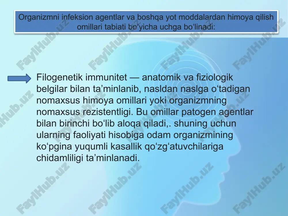ri, hovoning ifloslanishi, radiatsiya. pasaygan immunitet belgilari: tez-tez kasallanish − yil davomida 3-4 marta shamollash. doimiy xasta bo‘lish − agar immunitet mustahkam bo‘lsa, har qanday shamollash tezda o‘tib ketadi. organizm keskin himoya choralarini qo‘llab, virus va bakteriyalarni tez yengadi. ichaklar holati − disbakterioz belgilari − qabziyat va diareya almashib turishi, qorin damlanishi, tez-tez ko‘ngil aynashi. teri − tez-tez qaytalanuvchi toshma, yiringli yara, uchuq toshib turishi. umumiy ahvol – holsizlik, quvvatsizlik, mehnat unumdorligining pasayishi. allergik kasalliklar. yetarlicha uxlash bilan ham uyquga to‘ymaslik. soch va tirnoqlarning mo‘rtlashishi. limfa bezlarining kattalashishi. immunitetni yaxshilash uchun nimalarga e’tibor berish kerak? organizmni chiniqtirish bosqichma-bosqich va muntazamlik talab qilinadi. ochiq havoda yurish, yuvinish uchun ishlatiladigan suv haroratini kundan kunga pasaytirish, kontrastli dushlar qabul qilish, har kuni jismoniy tarbiya bilan shug‘ullanish. etiboringiz uchun raxmat image2.png image3.png image4.jpeg image5.jpeg image1.png /docprops/thumbnail.jpeg