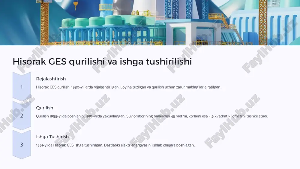 ng yo'qolishi hisorak ges loyihasi daryodagi yovvoyi o'simlik va hayvonot dunyosiga salbiy ta'sir ko'rsatmoqda. ayrim yo'qolib ketayotgan turlar haqida tashvish kuchaymoqda. 9 hisorak ges loyihasi ijtimoiy-iqtisodiy samarasi yangi ish o'rinlari hisorak ges qurilishi va faoliyati mahalliy aholini ish bilan ta'minladi, bu ijtimoiy muammolarni hal qilishga xizmat qildi. infratuzilmani rivojlantirish elektr energiyasining ishlab chiqarilishi yangi energiyani berish imkonini berdi, bu esa yashash sifatini yaxshiladi. iqtisodiy rivojlanish hisorak ges yurtimizning energetika sektoridagi salohiyatini oshirib, qashqadaryo viloyatining iqtisodiy rivojlanishiga hissa qo'shdi. 10 hisorak ges qurilishiga jalb etilgan investitsiyalar davlat byudjetidan xorijiy investitsiyalar xususiy investitsiyalar hisorak ges qurilishiga investitsiyalar asosan davlat byudjetidan, xorijiy va xususiy investorlar tomonidan jalb qilingan. ushbu investitsiyalar hisorak gesning rekonstruksiya va modernizatsiya qilishga yo'naltirilgan. 11 xulosa va takliflar hisorak ges loyihasi yutuqlari hisorak ges qashqadaryo viloyatining elektr energiyasi ta'minoti va iqtisodiy rivojlanishida muhim rol o'ynaydi. qashqadaryo daryosidan elektr energiyasi ishlab chiqarish regiona ahamiyatga ega. ijtimoiy-iqtisodiy samara hisorak ges qurilishi yangi …