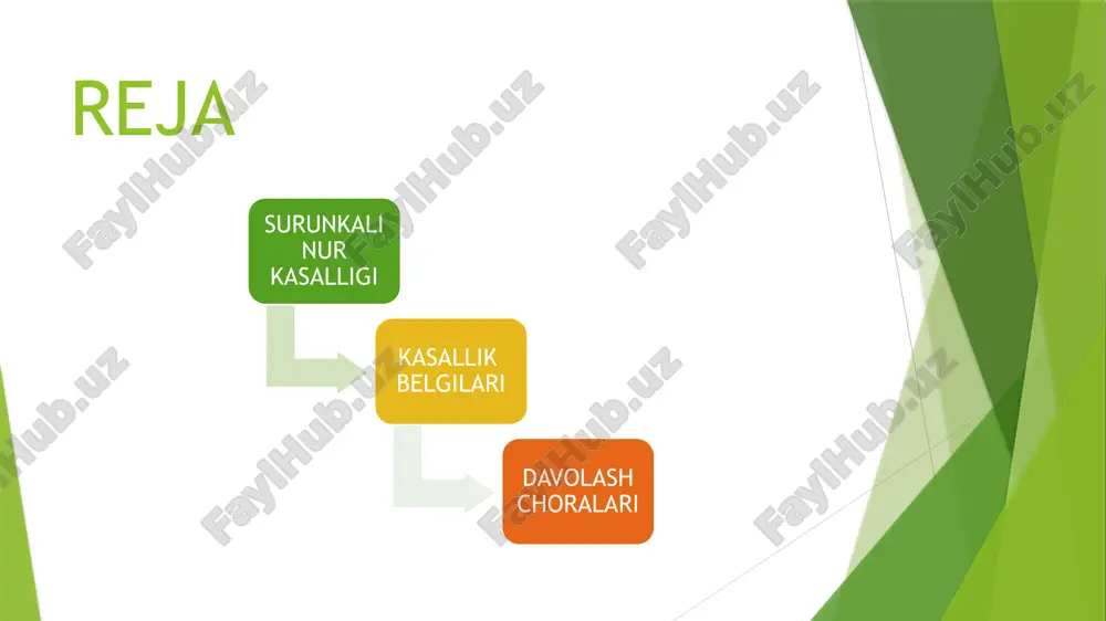 chun nur bilan ishlanadigan joylarda xavfsizlik qoidalariga rioya qilish zarur. bunday joylarda inson organizmiga ta'sir etishi mumkin bo’lgan nur miqdori nazorat etib borilishi lozim. kasallikka to’liq davo qilinishi zarur. surunkali nur kasallygining yengil turida quvvatga kirgizadigan va nerv faoliyatini yaxshilaydigan doridarmonlar (jenshen, limonnik, eleuterokokk va boshqalar), vitaminlar, kichik trankvilizatorlar tayinlanadi. kasallikning o’rtacha og’ir turida yuqoridagi dori-darmonlardan tashqari, markaziy nerv sistemasi faoliyatini yaxshilovchi, qon va leykositlar ishlab chiqarilishini maromga soluvchi, qon quyulishini to’xtatuvchi dorilar, antibiotiklar, qon va uning tarkibiy qismlari qo’llanadi. surunkali nur kasalligining og’ir turiga uzoq vaqt chidam va qat'iylik bilan davo qilish zarur. bunda asosiy e'tibor qon holatini yaxshilashga (eritrositlar, leykositlar va trombositlarni qonga yuborish),. yuqumli asoratlarga qarshi kurashga (bakteriyalarga qiron keltiruvchi dorilar, gammaglobulin va b. q.) qaratiladi. e`tiboringiz uchun tashakkur image1.png image2.png image3.png /docprops/thumbnail.jpeg