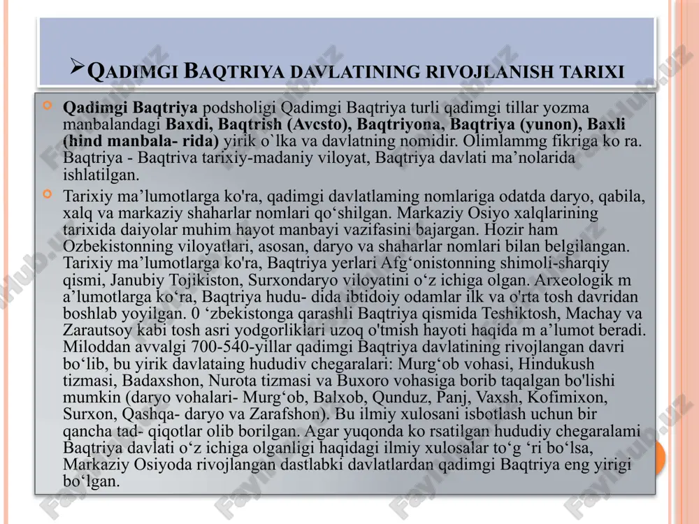 hgan. baqtriya davlatining madaniyati yunon-baqtriya podsholigi — qadimiy quldorlik davlati (mil. av. 256—248 ylar orasi — mil. av. 140—135 ylar). asoschisi salavkiylarning baqtriyadagi satrapi diodot hisoblanadi. mil. av. 250 yilda u oʻzini baqtriyaning mustaqil hukmdori deb eʼlon qiladi. davlat hududiga hozirgi janubiy tojikiston, janubiy oʻzbekiston va afgʻoniston kirgan. yu.yunon-baqtriya podsholigi kuchaygan paytlarda unga pokiston, shimoliy gʻarbiy hindiston ham boʻysungan. poytaxti baqtra (oʻrta asrlardagi balx) shahri boʻlib, uning xarobalari shimoliy afgʻonistonda, mazori sharif shahri yaqinida joylatlgan. davlat bir qancha satrapliklar (viloyatlar)ga boʻlinib boshqarilgan. yozma manbalar va arxeologiq tadqiqotlar natijalari iqtisodiy hayot, badiiy hunarmandchilik, haykaltaroshlik, madaniyat, shaharsozlik yunon anʼanalari asosida yuksak rivojlanganligidan dalolat beradi. yunon-baqtriya davriga mansub eng mashhur yodgorlik shimoliy afgʻonistondagi oyxonum va janubiy tojikistondagi taxti sangin yodgorliklari hisoblanadi. amudaryoning oʻng qirgʻogʻida, vaxsh va panj daryolari quyilishida joylashgan taxti sangindagi ibodatxona tuzilishi va topilmalari ellinizm dunyosiga xos diniy eʼtiqodlar keng tarqalganligini koʻrsatib turibdi. yunon-baqtriya podsholigi hindiston va oʻrta osiyo hududlarini oʻzaro …