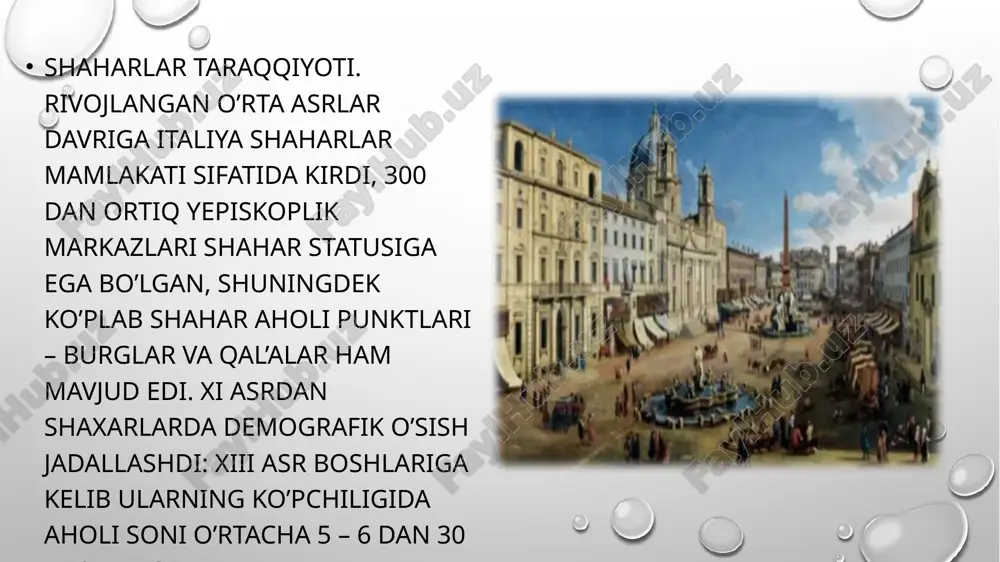 rida oʻtirib, kishilarning yirik pullarini maydalab, qimmatbaho buyumlarini pulga almashlab berib, foyda koʻruvchi shaxs. ular xorijdan kelgan savdogarlarning pullarini mahalliy pullarga almashtirib berish, qimmatbaho toshlar, oltin, kumush va boshqalarni aniqlash, ularning bahosini belgilash, ayrim kishilarning omonat pullarini, buyumlarini maʼlum muddatgacha saqlab berish kabi ishlar bilan shugʻullanib, bank, omonat kassalari, garovxonalar vazifalarini bajarishgan. sarroflar sudxoʻrlik ishi bilan ham shugʻullangan, ular xizmatlari evaziga kishilardan maʼlum miqdorda haq olgan. iqtisodiy qudratli va siyosiy mustaqil shahar – kommunalar uchun endilikda qishloqlar shahar aholisini oziq-ovqat va hunarmandchilikni xomashyo bilan ta’minlash manbaiga aylandi. xii asrda mayda dehqon ijarachiligi keng tarqaldi, bunda ijarachi 5 – 7 yil muddatga olingan yerni egasiga xosilning to’rtdan bir qismidan to yarmigacha to’lashi shart edi. xi asrning ikkinchi yarmida, kelib chiqishi shimoliy fransiyaning normandiya gersogligidan bo’lgan normannlar, janubiy italiya va sitsiliyani bosib olish tufayli, italiya shaharlarini erkinliklarini kengaytirish yo’lida yangi to’siqlar yuzaga keldi. 1130 yilda normann xukmdori rojer ii janubiy italiya va …