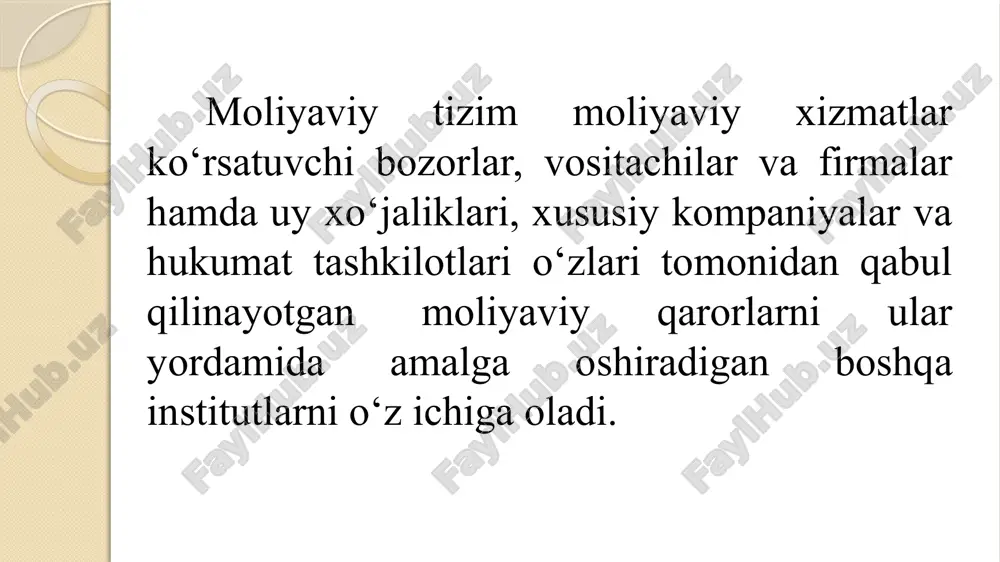 sh hisob-kitob to’lov tizimi moliyaviy tizim funksiyalari stimullashtirishning psixologik muammolarini yechish resurslarning birlashishi va kapitaldagi ishtirok ulushining bo’linishi informatsion qo’llab-quvvatlash moliya tizimi sohalari xo’jalik yurituvchi subyektlar moliyasi davlat va mahalliy moliya 4. moliya tizimi soha va bog’inlari xo’jalik yurituvchi subyektlar moliyasi bog’inlari tijorat korxonalari va tashkilotlari moliyasi notijorat tashkilotlar moliyasi davlat va mahalliy moliya sohasi bog’inlari davlat moliyasi davlat krediti moliyaviy voitachilar moliyasi davlat maqsadli fondlari moliya tizimining alohida sohalar va bo`g’inlarga bo`linishi yaimni shakllantirish, taqsimlash va qayta taqsimlashda, daromadlarni shakllantirish va ulardan foydalanishda iqtisodiy munosabatlar sub`ektlarining bir-birlaridan farqli ravishda ishtirok etishi bilan belgilanadi. moliya tizimining har bir sohasi va bo`g’iniga pul fondlari va daromadlarini shakllantirish va ulardan foydalanishning o`ziga xos bo`lgan shakllari va metodlari tegishlidir. 5. xorijiy mamlakatlarning davlat moliya tizimi xorijiy mamlakatlarning davlat moliya tizimi davlat byudjeti tizimi maxsus nobyudjet fondlar davlat va mahalliy hokimiyat organlari kreditlari davlat korporatsiyalari moliyasi unitar (yagona) davlatlarning byudjet tizimi davlat byudjeti ko’p …