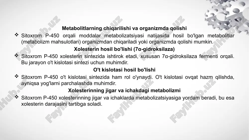 olimorfizmi dori reaksiyasidagi individual va millatlararo o‘zgaruvchanlikka va standart dozaga uchun toksiklikka katta ta’sir ko‘rsatadi. cyp450 fermentlari substratlari, induktorlari va ingibitorlarining klinik ta’sirini retseptlashda yoddan tutish kerak, chunki ular terapiyani buyurishga katta ta’sir ko‘rsatishi mumkin. sitoxrom p450 (cyp450) fermentlari dorilar va toksinlarning metabolizmidagi asosiy rol o‘ynaydi. induktorlar (masalan, rifampin, fenitoin, karbamazepin) cyp450 faolligini oshirib, dorilarning metabolizmini tezlashtiradi, bu esa dorining samaradorligini kamaytirishi mumkin. ingibitorlar (masalan, ketokonazol, eritromitsin, greypfrut sharbati) esa ferment faolligini pasaytirib, dorilarning qon tarkibidagi darajasini oshiradi va toksiklik xavfini keltirib chiqarishi mumkin. klinikada bu xususiyatlar dori o‘zaro ta’sirini bashorat qilish, dozani moslashtirish va shaxsga mos davolashni rejalashtirishda muhim ahamiyatga ega. xulosa foydalanilgan adabiyotlar "klinik farmakologiya" (a.a. sultonov, toshkent, 2015) "farmakologiya asoslari" (m.m. mirzayeva, o‘zbekiston, 2019) "goodman & gilman's the pharmacological basis of therapeutics" (laurence brunton, 14-nashr, 2022) "clinical pharmacokinetics and pharmacodynamics: concepts and applications" (malcolm rowland, 5-nashr, 2020) "drug metabolism and pharmacokinetics" (dmpk jurnali, 2023) arxiv.uz (sitoxrom p450 …
