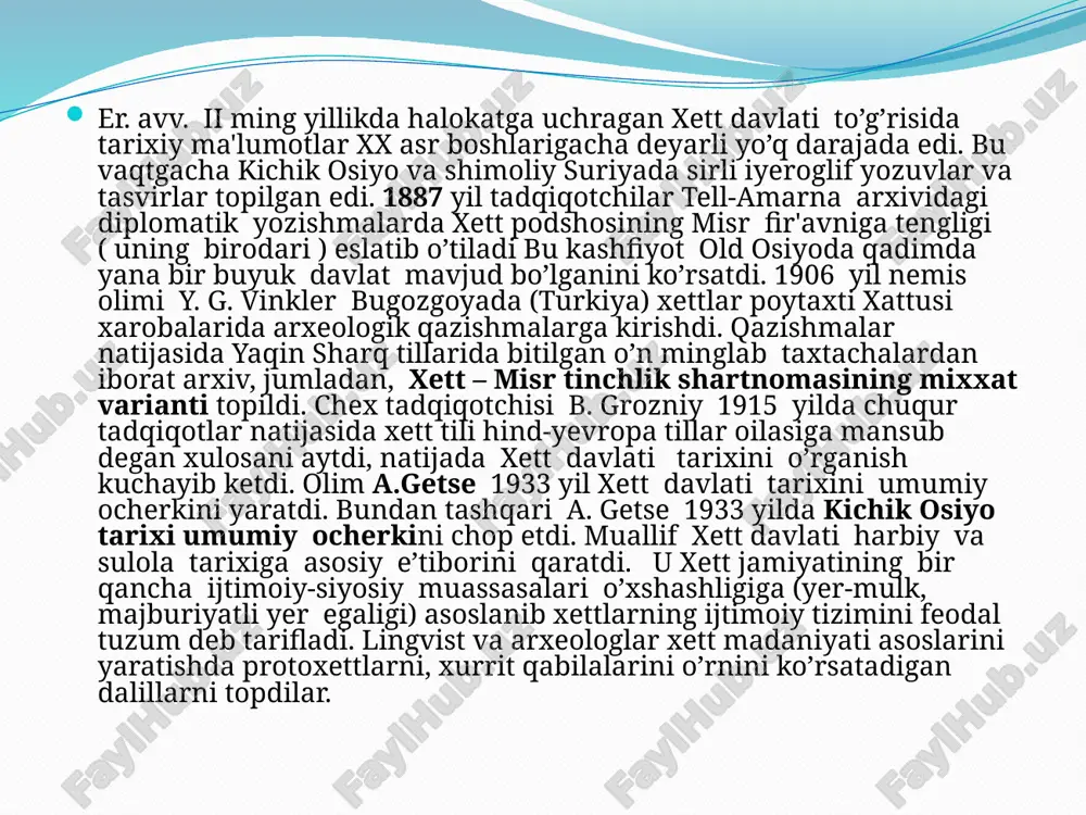 opa gruppasidagi xalqlar tiliga juda yaqin bo'lgan. xett davlati hududi xett davlati hududi(er.avv.xiv-xiii asrlarda) sinfiy jamiyatning vujudga kelishi. er. avv. xx-xviii asrlarda kichik osiyoda ashshurlik savdogarlar bir necha savdo koloniyalarini barpo qiladilar. bu savdo koloniyalari orqali xalqaro savdo olib boriladi, eng avvalo metallar va yuqori sifatli gazlamalar savdosi amalga oshiriladi. bu davrda sharqiy kichik osiyoda xett qabilalari boshqa mahalliy tub joy aholini assimilyatsiya qiladilar. kichik osiyodagi nesa (kanish), burusxan, kussar va xattusi kabi shaharlarni o’z ichiga olgan siyosiy birlashmalar vujudga kela boshlaydi. kichik osiyoning bu siyosiy birlashmalarining ilk birlashuvi eramizdan avvalgi xviii asrning birinchi yarmida yuz beradi. viloyatlarning birining hokimi anitta nesa shahrini markaz qilib, qora dengizdan kichik osiyodagi tuz ko’ligacha hududlarni egallab bepoyon davlatni barpo qiladi. xett davlati poytaxti xattusa er.avv 1800 – 1190-yillar anitta vafotidan keyin er. avv. xvii asr oxirida boshqa xett urug’i hokimiyat tepasiga keladi. xett davlatining asoschilarining birlashtiruvchi siyosatini istilochi va islohotchi podsho labarna ( …