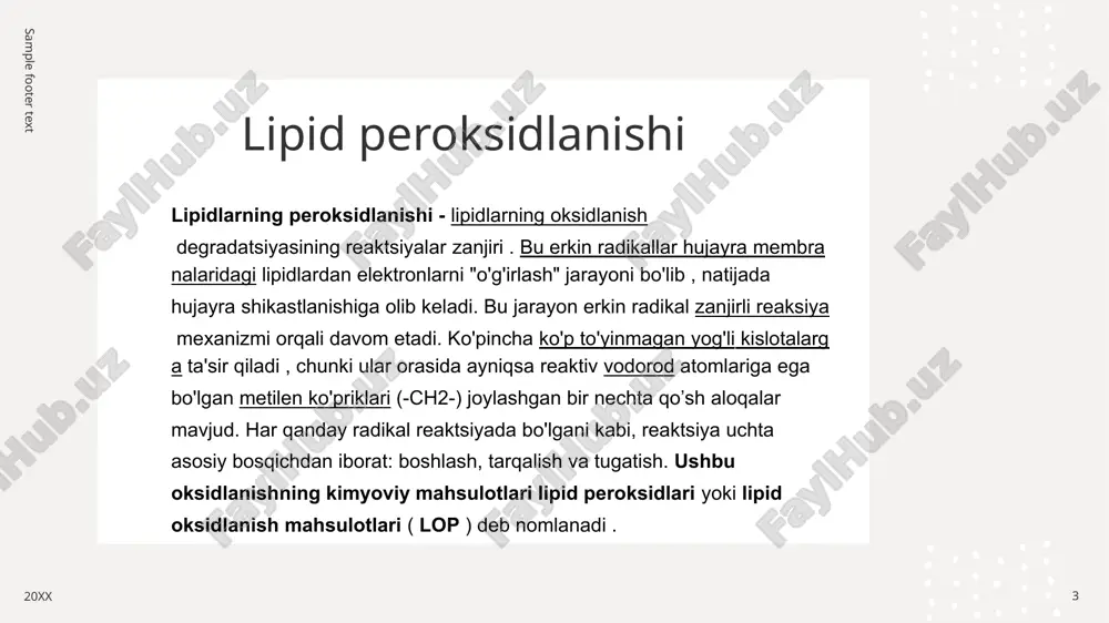 ari, lipid peroksidatsiyasining yakuniy mahsulotlari mutagen va kanserogen bo'lishi mumkin . [5] masalan, yakuniy mahsulot mda dnkdagi deoksiadenozin va deoksiguanozin bilan reaksiyaga kirishib , ularga dnk qoʻshimchalarini , birinchi navbatda m 1 g ni hosil qiladi . [5] reaktiv aldegidlar, shuningdek, aminokislotalar yon zanjirlarida tiol yoki amin guruhlari bilan maykl qo'shimchalari yoki shiff asoslarini hosil qilishi mumkin. shunday qilib, ular elektrofil stress orqali sezgir oqsillarni faolsizlantirishga qodir. [6] lipid gidroperoksidlarning hayvonlarga toksikligi glutation peroksidaza 4 ( gpx4 ) nokaut sichqonlarining halokatli fenotipi bilan eng yaxshi tasvirlangan. bu hayvonlar embrionning 8-kunidan omon qolmaydi, bu lipid gidroperoksidlarini olib tashlash sutemizuvchilar hayoti uchun muhim ekanligini ko'rsatadi. [7] boshqa tomondan, oziq-ovqat lipid peroksidlarining bio-mavjudligi va kasalliklarda rol o'ynashi aniq emas, chunki sog'lom inson tanasida bunday xavflardan himoya mexanizmlari mavjud. 20xx 8 kasalliklar sample footer text 20xx 9 alsgeymer parkinson amiotrofik lateral skleroz buyrak zararlanishi astma arteroskleroz peroksidizatsiyani aniqlovchi testlar sample footer text lipid peroksidatsiyasining …