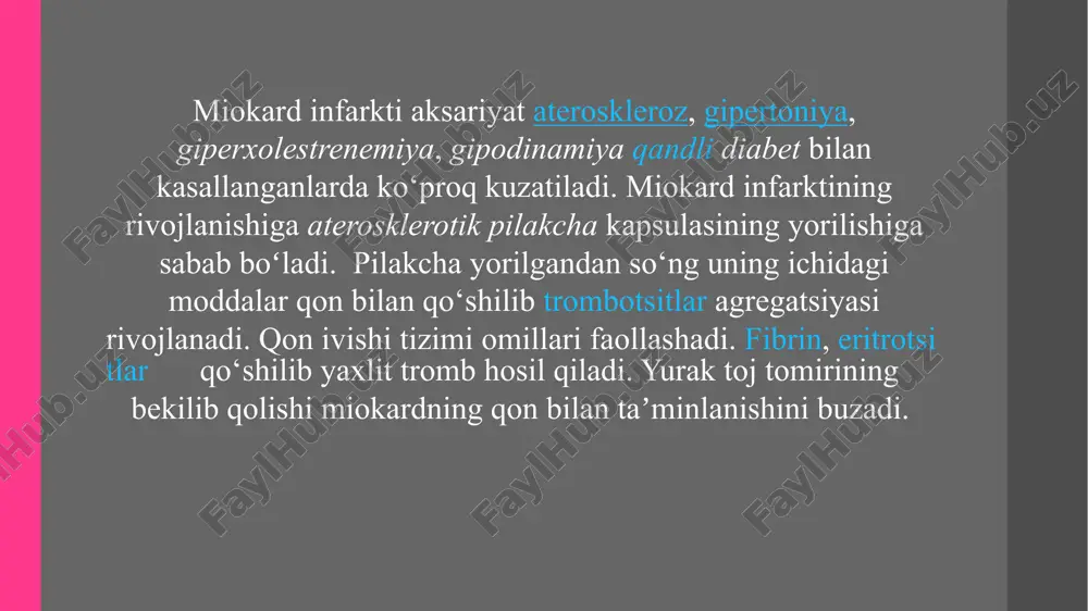 uchraydi. miokard infarktining astmatik xili miokard infarkti 20% kasallarda, ko‘pincha qariyalarda, nafas yetishmasligi, hansirash bilan boshlanadi. chap qorinchaning o‘tkir yetishmovchiligi bu holga olib keladi. yurak astmasi, o‘pka shishi rivojlanadi. ilgari bir marta infarktni boshdan o‘tkazgan, gipertoniya kasalligiga chalingan kishilarda yuqorida keltirilgan ahvol boʻladi. kasallikning astmatik xili nihoyatda ogʻir kechib, yurak-tomirlar tizimining surunkali yetishmovchiligiga olib keladi. bemorlarning 40-60% ida ko‘ngilsiz voqealar sodir bo’ladi. yallig‘lanish ko‘rsatkichlari: c-reaktiv protein (crp): yallig‘lanish darajasini aniqlash uchun. astmatik xilda yurak va o‘pka shishi bilan bog‘liq yallig‘lanish bo‘lishi mumkin. d-dimer: o‘pka shishi yoki tromboemboliya xavfini baholash uchun (yurak astmasi va o‘pka shishi bilan birga kelishi mumkin). miokard infarktining aritmik xili hayot uchun xavfli bo’lib, yurakning notekis, maromsiz urishlari bilan boshlanadi. titroq aritmiya, qorincha ekstrasistoliyasi, turli darajadagi blokadalar, paroksizmal taxikardiya, ko‘proq qorincha xili rivojlanishi mumkin. miokard infarkti boshlanishi bilan xavfli aritmiyalar paydo boʻlib, bemorning ahvolini tang qilib qo‘yadi va ko‘pincha oʻlimga olib keladi. yurakning notekis urishini bemor tez …