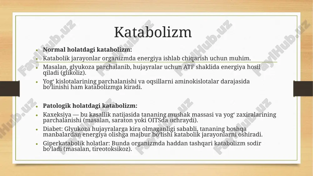 holatiga qarab belgilanadi: 1. jarrohlik: o‘smani jarrohlik yo‘li bilan olib tashlash ko‘p hollarda birinchi usul hisoblanadi. 2. kimyoterapiya: dori vositalari yordamida saraton hujayralarini yo‘q qilish. 3. radioterapiya: yuqori energiyali radiatsiya yordamida o‘smani yo‘q qilish. 4.immunoterapiya gormonal regulyatsiya metabolik jarayonlar asosan gormonlar tomonidan boshqariladi: insulin — anabolik jarayonlarni rag‘batlantiradi, glyukozani hujayralarga kirishiga yordam beradi. glukagon va kortizol — katabolik jarayonlarni faollashtirib, energiya ajralishini ta’minlaydi. qalqonsimon gormonlar — organizmdagi umumiy metabolik tezlikni tartiblaydi. normal va patologik metabolizm o‘rtasidagi farqlar sog‘lom holatda katabolizm va anabolizm o‘rtasidagi muvozanat saqlanadi, bu esa organizmning o‘sishi, qayta tiklanishi va energiya ishlab chiqarishni ta’minlaydi. patologik holatlarda ushbu muvozanat buziladi. masalan: gipermetabolik holatlar (masalan, tireotoksikozda) organizmning energiyaga bo‘lgan ehtiyoji ortadi. gipometabolik holatlar (masalan, gipotireozda) organizmning energiya sarflashi kamayadi, bu esa vazn ortishiga olib keladi. xulosa katabolizm va anabolizm organizmning hayot faoliyati uchun asosiy jarayonlardir. ularning muvozanati sog‘lom metabolizmni ta’minlaydi, patologik holatlar esa kasalliklarning rivojlanishiga olib keladi. metabolik jarayonlarning buzilishi …